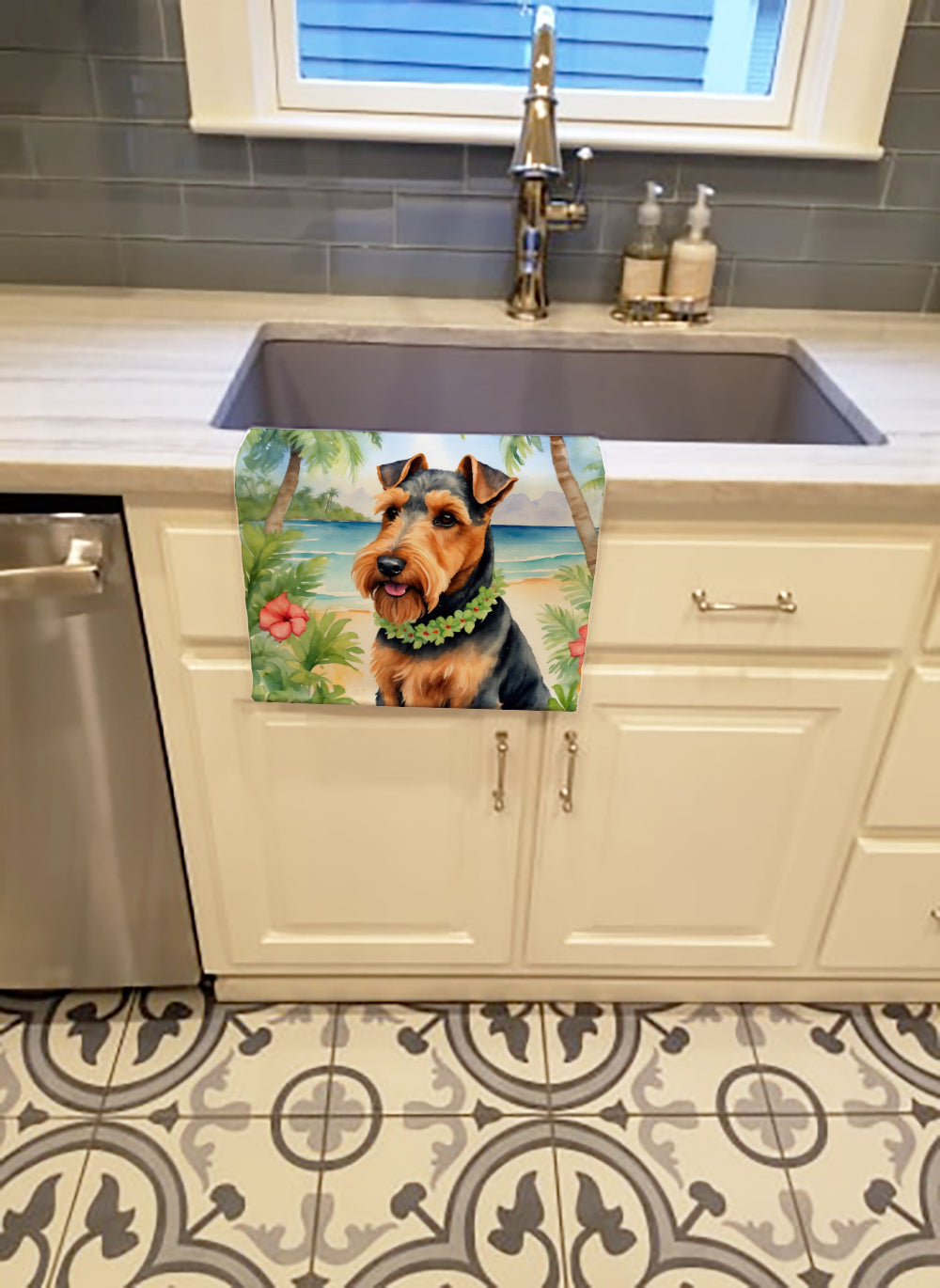 Welsh Terrier Luau Kitchen Towel Velour Plush Front and Cotton Loop Back Machine Washable