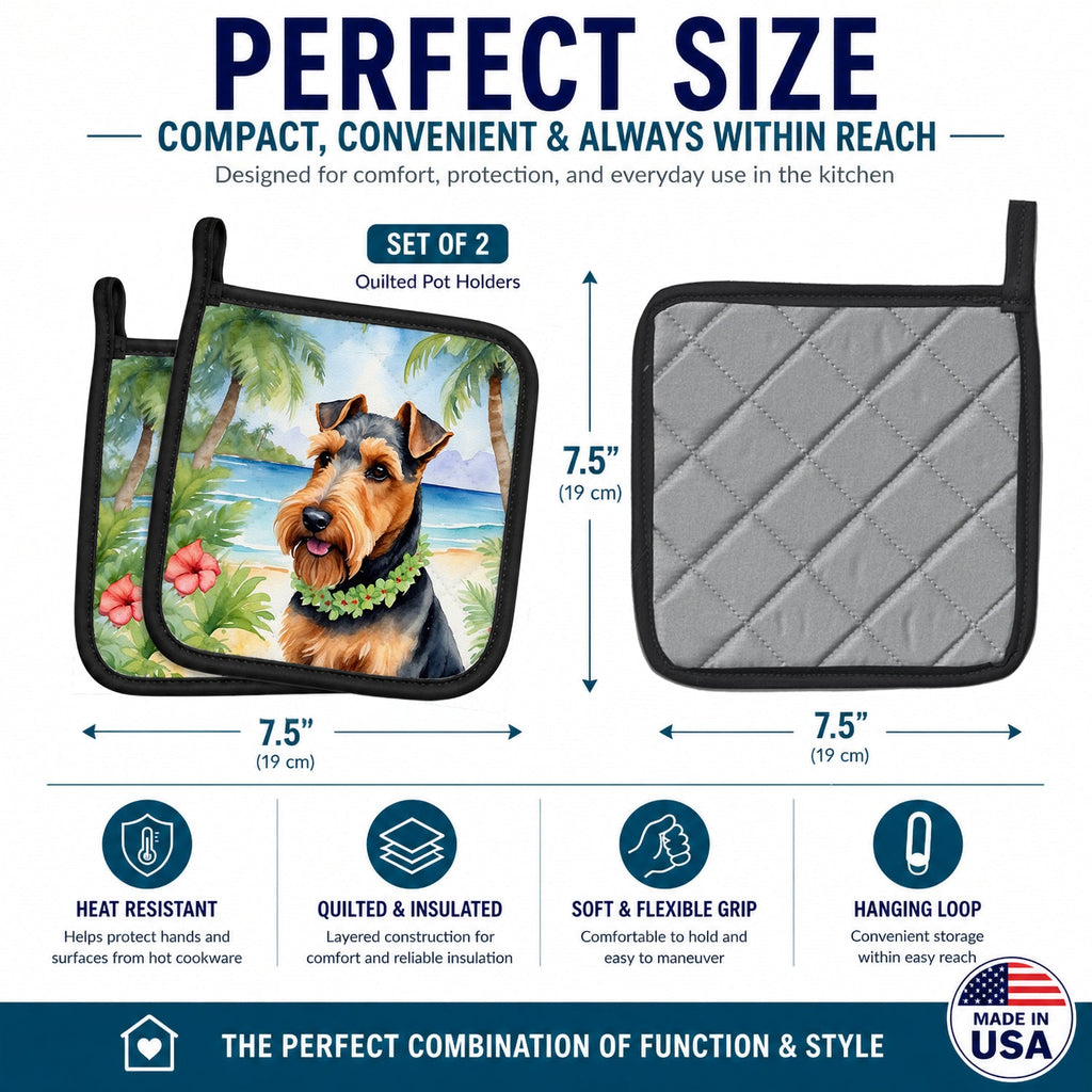 Welsh Terrier Luau Pot Holder Set of 2 Heat Resistant Quilted Hot Pads 7.5 x 7.5 Inch, Insulated Kitchen Trivets for Cooking & Baking