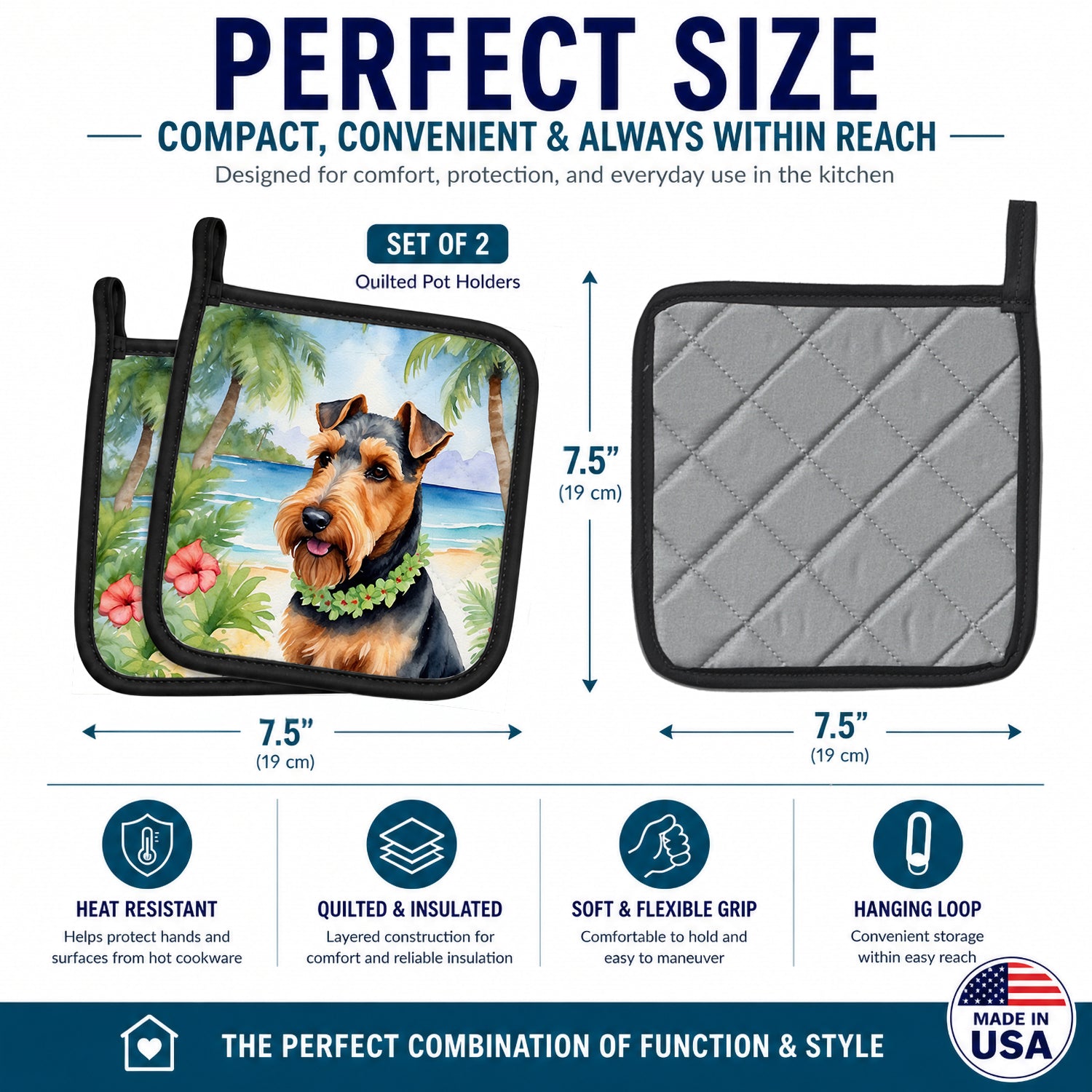 Welsh Terrier Luau Pot Holder Set of 2 Heat Resistant Quilted Hot Pads 7.5 x 7.5 Inch, Insulated Kitchen Trivets for Cooking & Baking