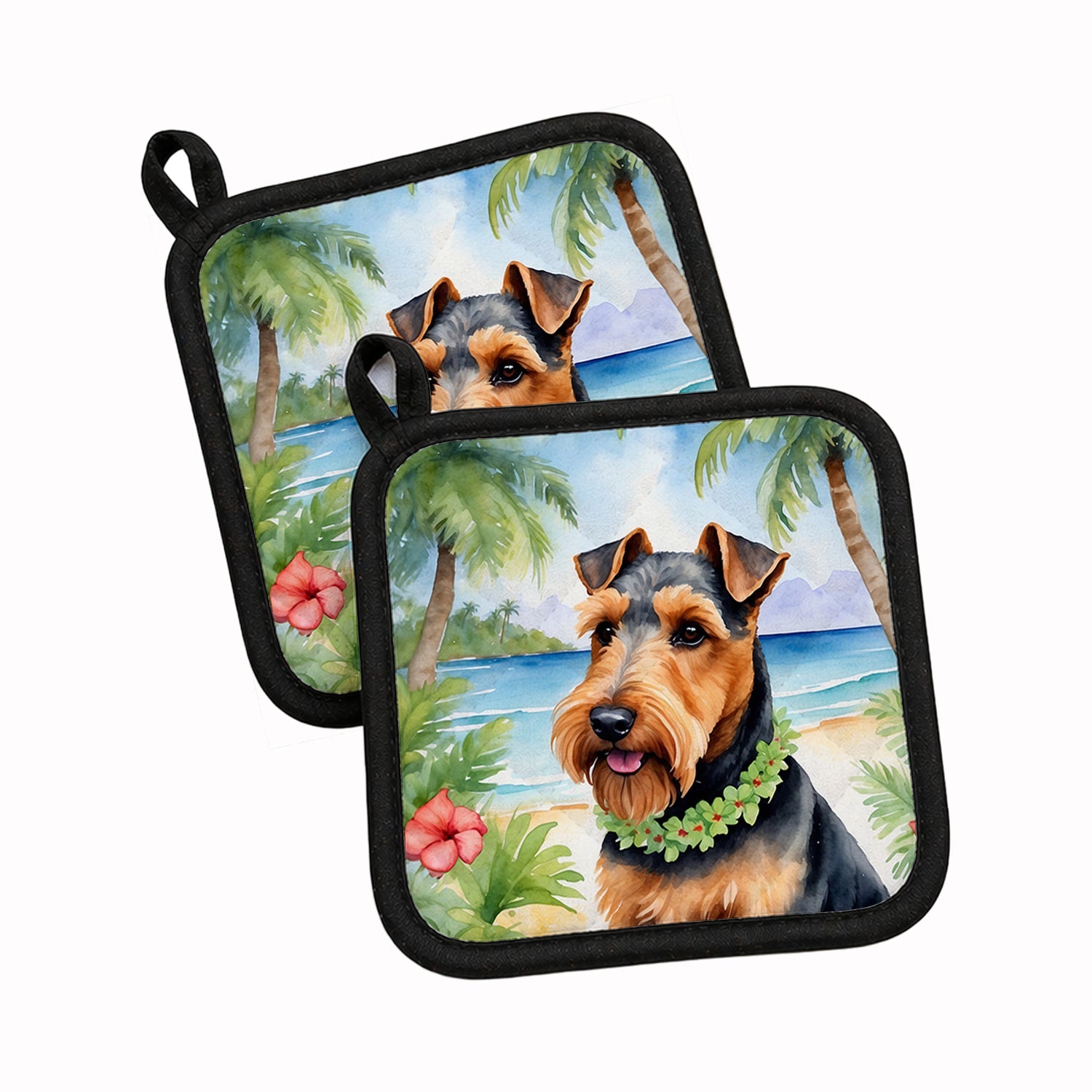 Welsh Terrier Luau Pot Holder Set of 2 Heat Resistant Quilted Hot Pads 7.5 x 7.5 Inch, Insulated Kitchen Trivets for Cooking & Baking