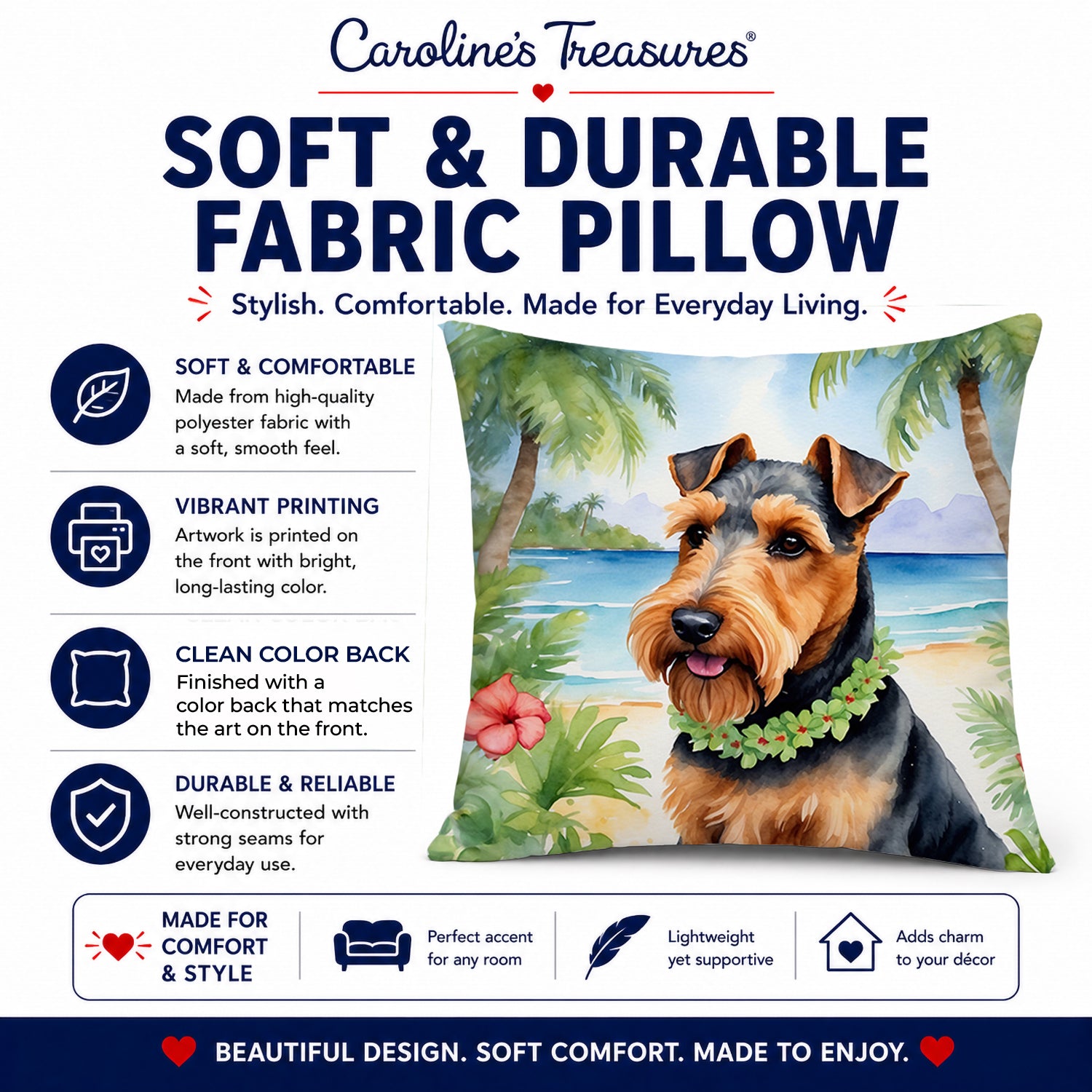Welsh Terrier Luau Decorative Throw Pillow 14x14 Indoor Outdoor Accent Cushion, Fabric Cover with Insert for Sofa, Bed, Porch & Living Room