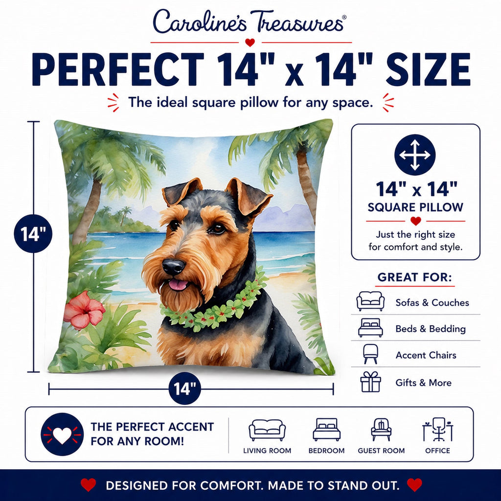 Welsh Terrier Luau Decorative Throw Pillow 14x14 Indoor Outdoor Accent Cushion, Fabric Cover with Insert for Sofa, Bed, Porch & Living Room