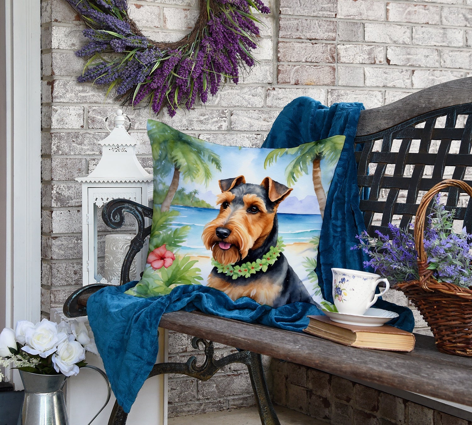 Welsh Terrier Luau Decorative Throw Pillow 18x18 Indoor Outdoor Accent Cushion, Fabric Cover with Insert for Sofa, Bed, Porch & Living Room