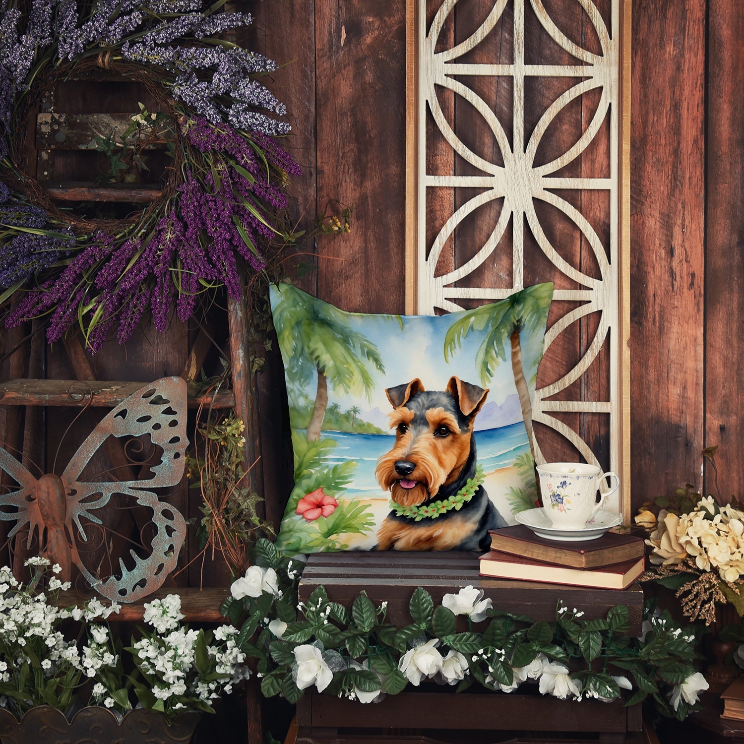 Welsh Terrier Luau Decorative Throw Pillow 18x18 Indoor Outdoor Accent Cushion, Fabric Cover with Insert for Sofa, Bed, Porch & Living Room