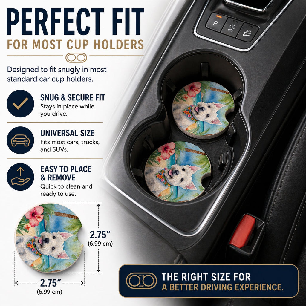 Westie Luau Set of 2 Cup Holder Car Coasters Absorbent Round Sandstone Coasters Gifts for Men or Women, 2.5, Multicolor