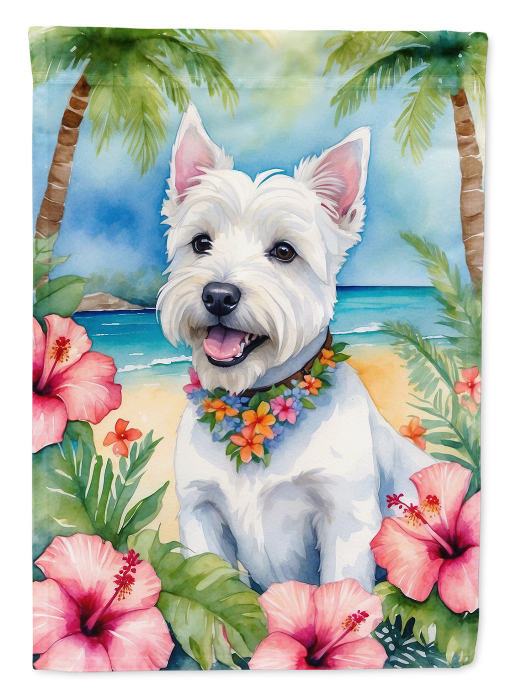 Westie Luau House Flag 28x40 Porch Sleeve Pole Decorative Outside Yard Banner Artwork Wall Hanging, Polyester