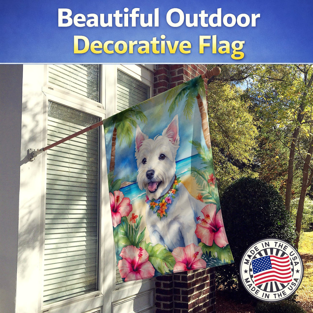 Westie Luau House Flag 28x40 Porch Sleeve Pole Decorative Outside Yard Banner Artwork Wall Hanging, Polyester