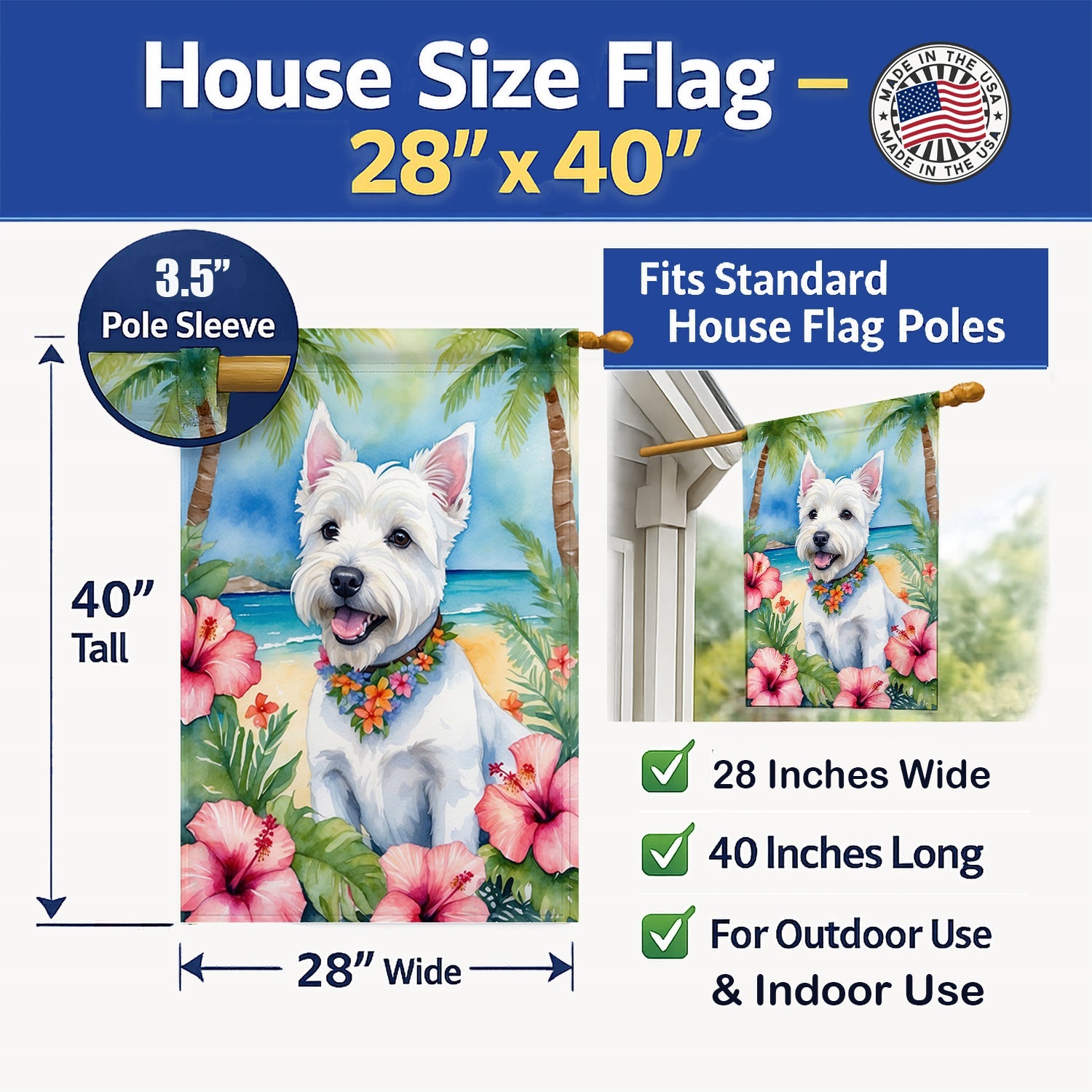 Westie Luau House Flag 28x40 Porch Sleeve Pole Decorative Outside Yard Banner Artwork Wall Hanging, Polyester
