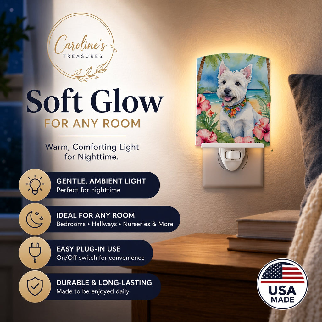 Westie Luau Ceramic Night Light Compact, UL-Certified, Ideal for Bedroom, Bathroom, Nursery, Hallway, Kitchen, 6x4x3, Multicolor