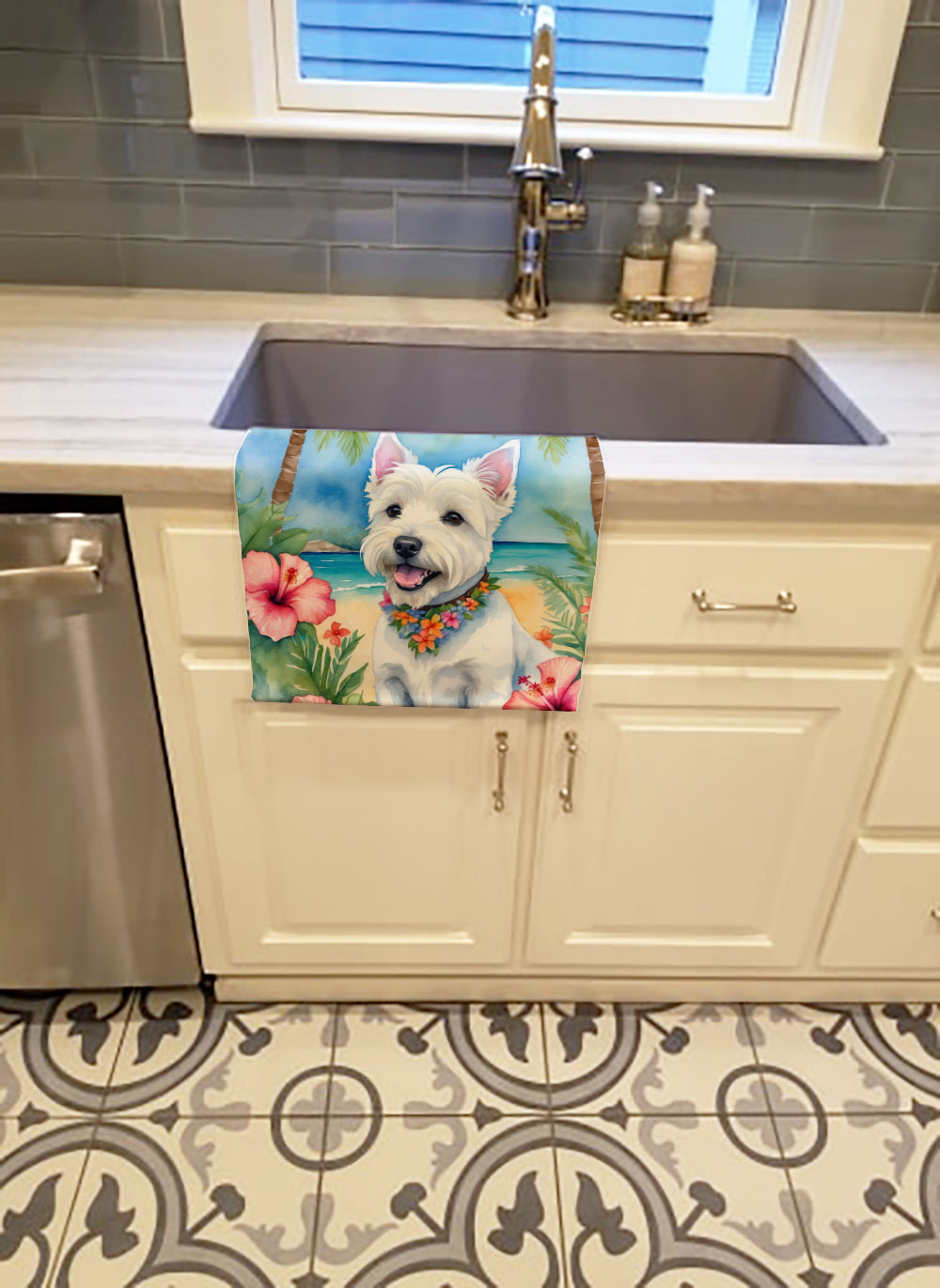 Westie Luau Kitchen Towel Velour Plush Front and Cotton Loop Back Machine Washable