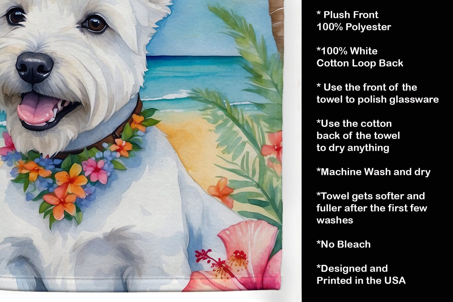 Westie Luau Kitchen Towel Velour Plush Front and Cotton Loop Back Machine Washable