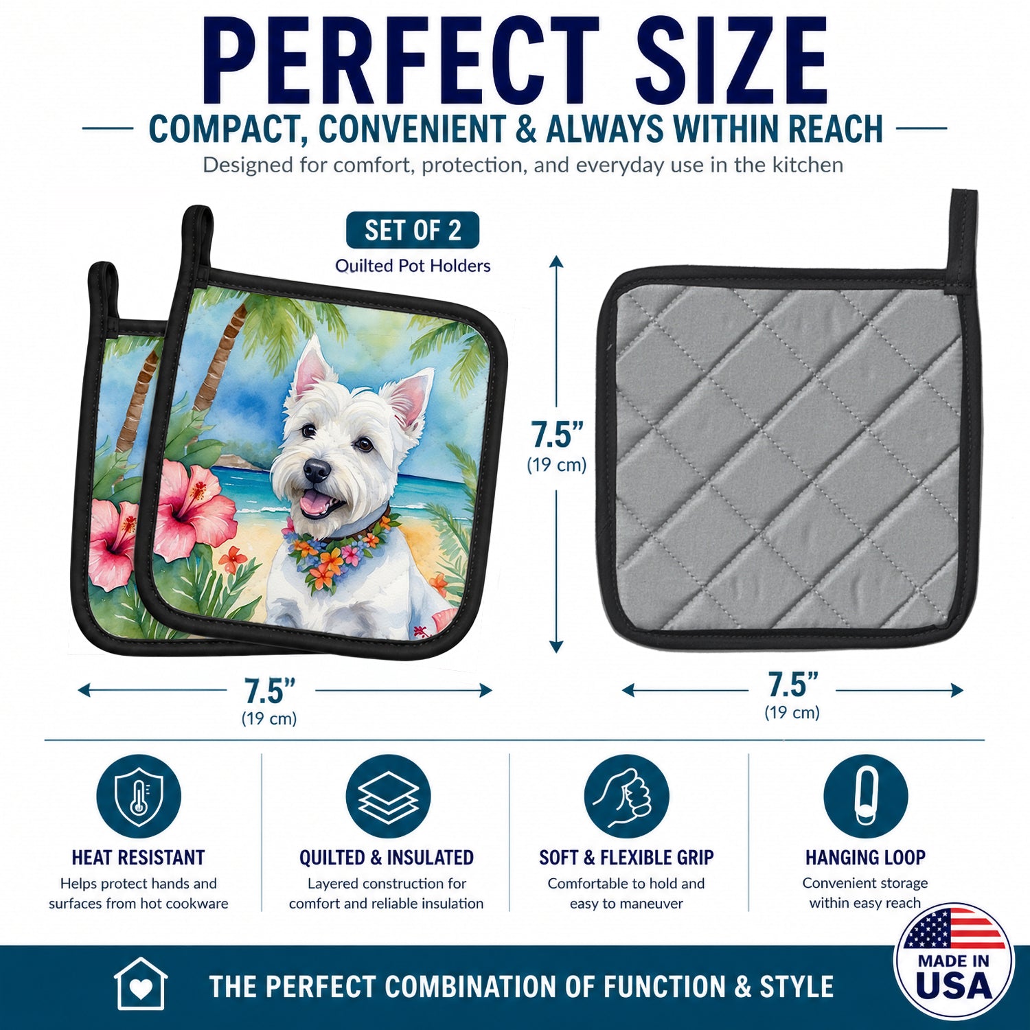 Westie Luau Pot Holder Set of 2 Heat Resistant Quilted Hot Pads 7.5 x 7.5 Inch, Insulated Kitchen Trivets for Cooking & Baking