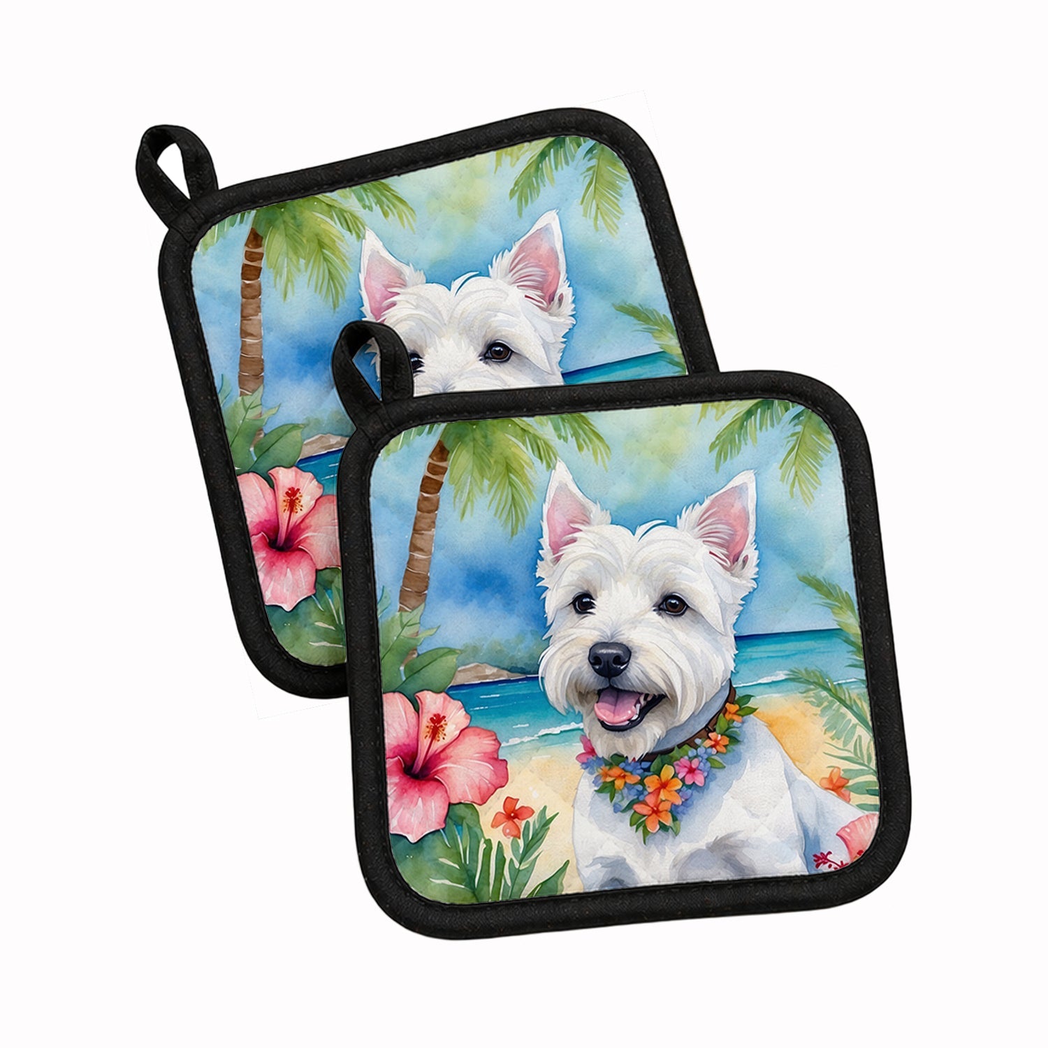 Westie Luau Pot Holder Set of 2 Heat Resistant Quilted Hot Pads 7.5 x 7.5 Inch, Insulated Kitchen Trivets for Cooking & Baking