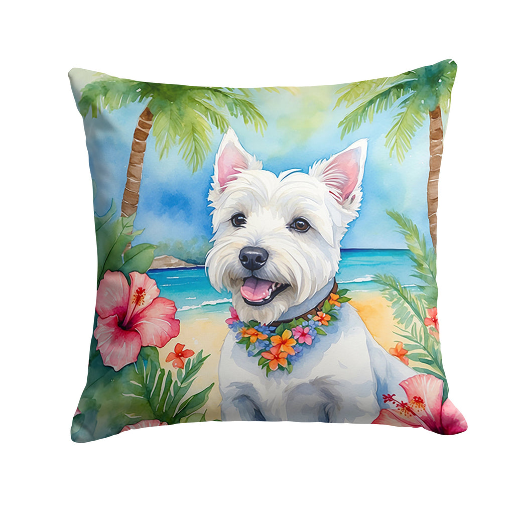 Westie Luau Decorative Throw Pillow 14x14 Indoor Outdoor Accent Cushion, Fabric Cover with Insert for Sofa, Bed, Porch & Living Room