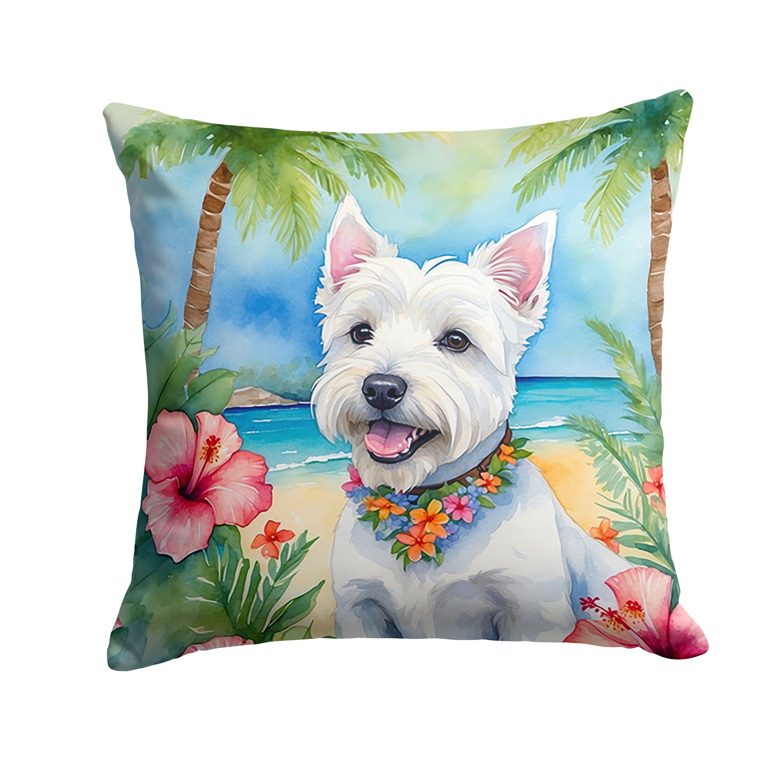 Westie Luau Decorative Throw Pillow 14x14 Indoor Outdoor Accent Cushion, Fabric Cover with Insert for Sofa, Bed, Porch & Living Room