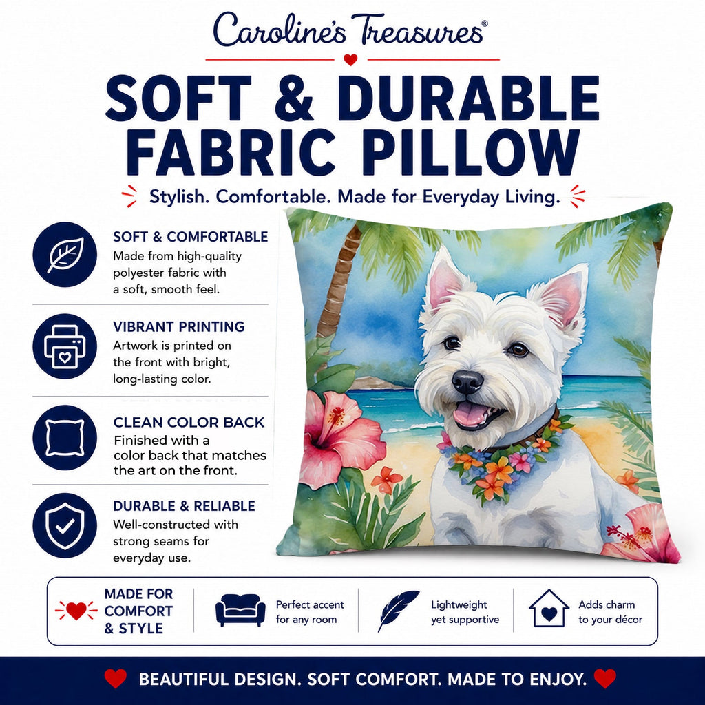 Westie Luau Decorative Throw Pillow 14x14 Indoor Outdoor Accent Cushion, Fabric Cover with Insert for Sofa, Bed, Porch & Living Room