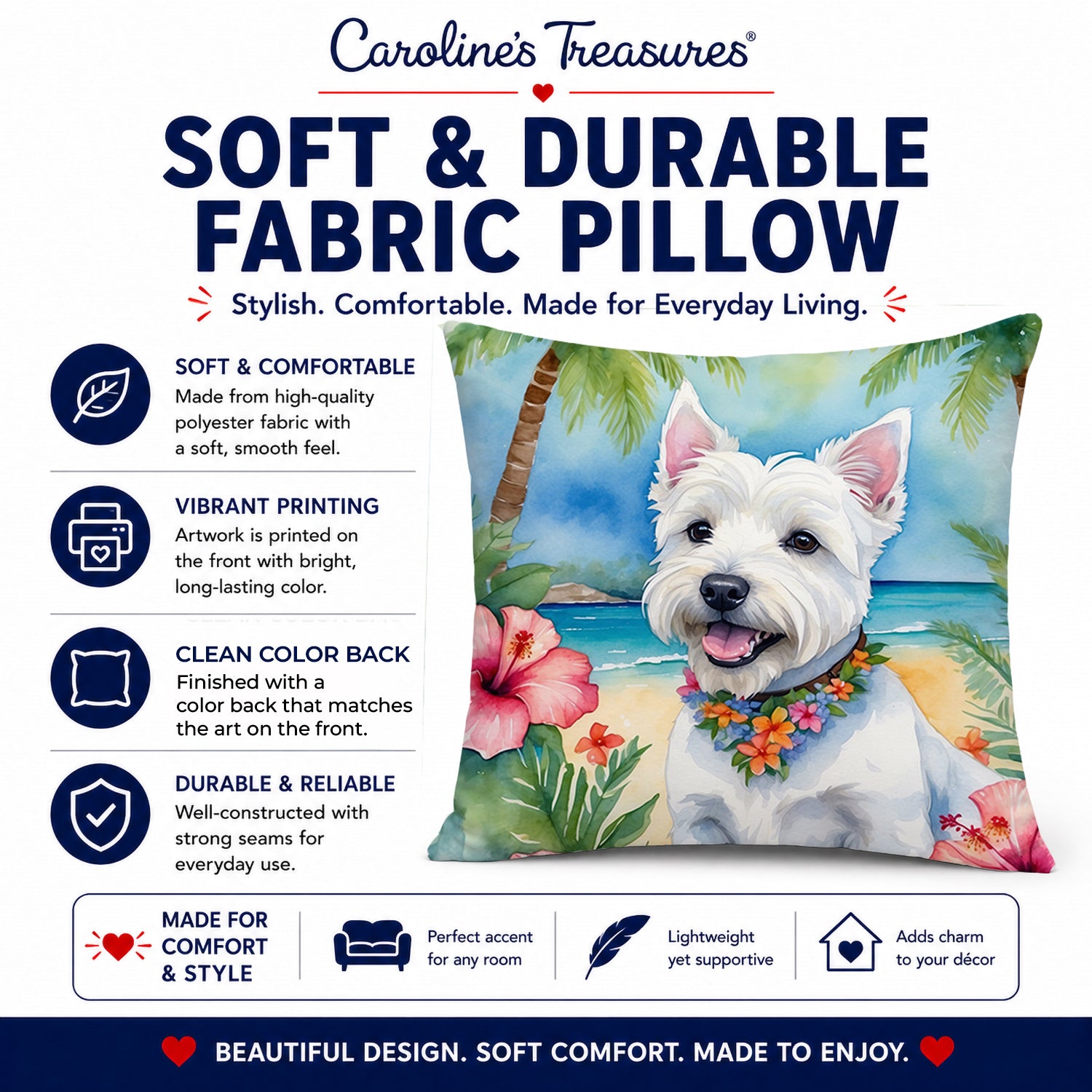 Westie Luau Decorative Throw Pillow 14x14 Indoor Outdoor Accent Cushion, Fabric Cover with Insert for Sofa, Bed, Porch & Living Room