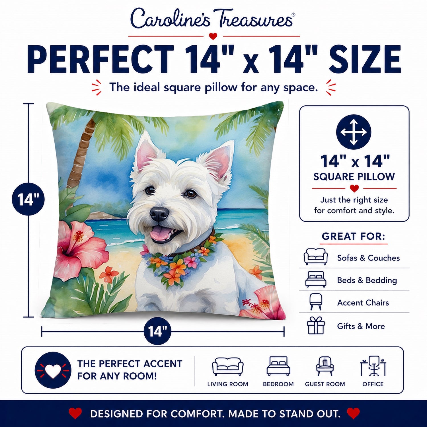 Westie Luau Decorative Throw Pillow 14x14 Indoor Outdoor Accent Cushion, Fabric Cover with Insert for Sofa, Bed, Porch & Living Room