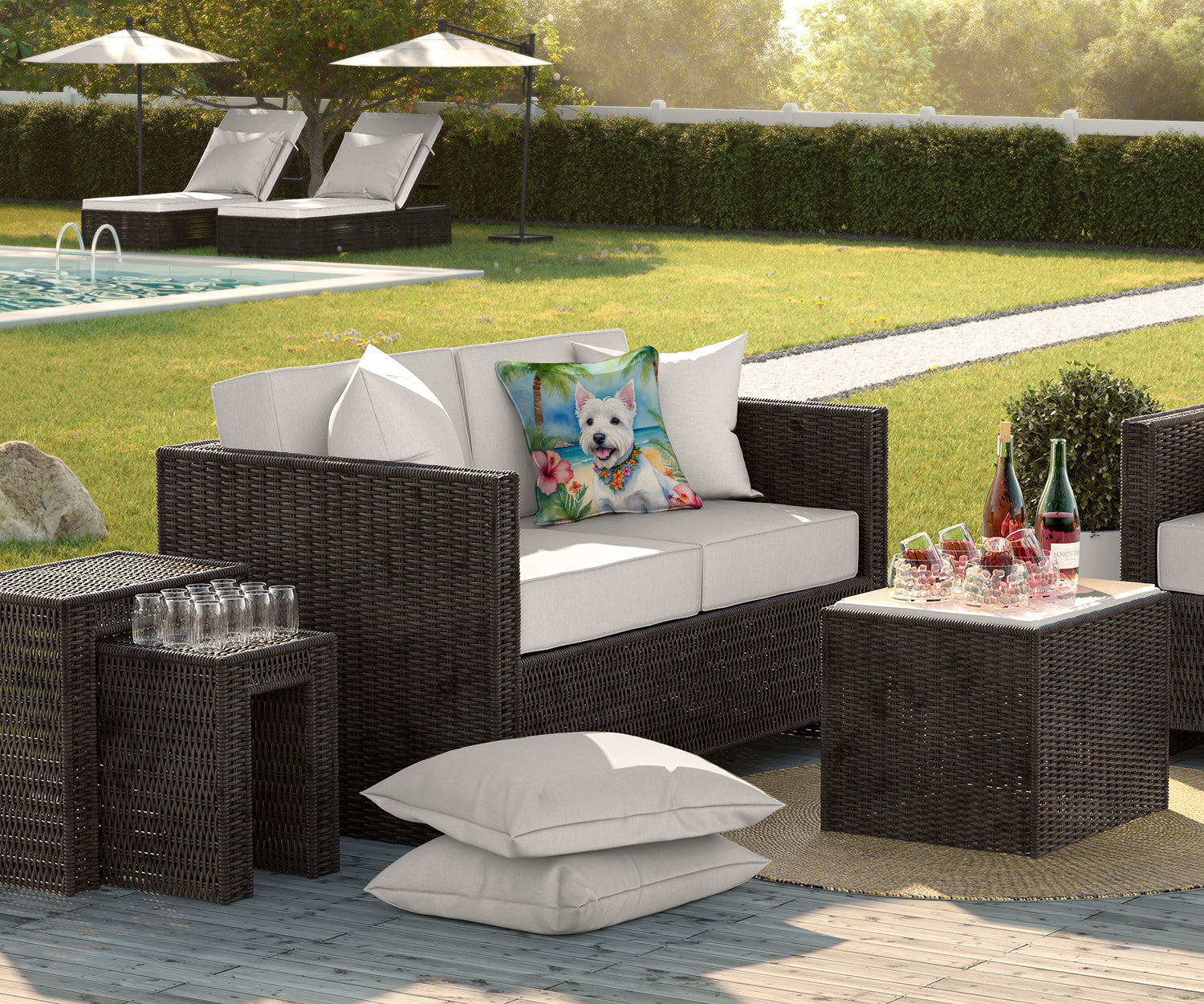 Westie Luau Decorative Throw Pillow 18x18 Indoor Outdoor Accent Cushion, Fabric Cover with Insert for Sofa, Bed, Porch & Living Room