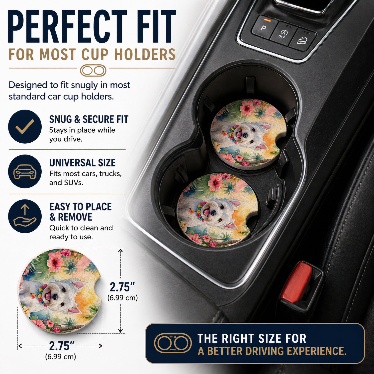 Westie Luau Set of 2 Cup Holder Car Coasters Absorbent Round Sandstone Coasters Gifts for Men or Women, 2.5, Multicolor