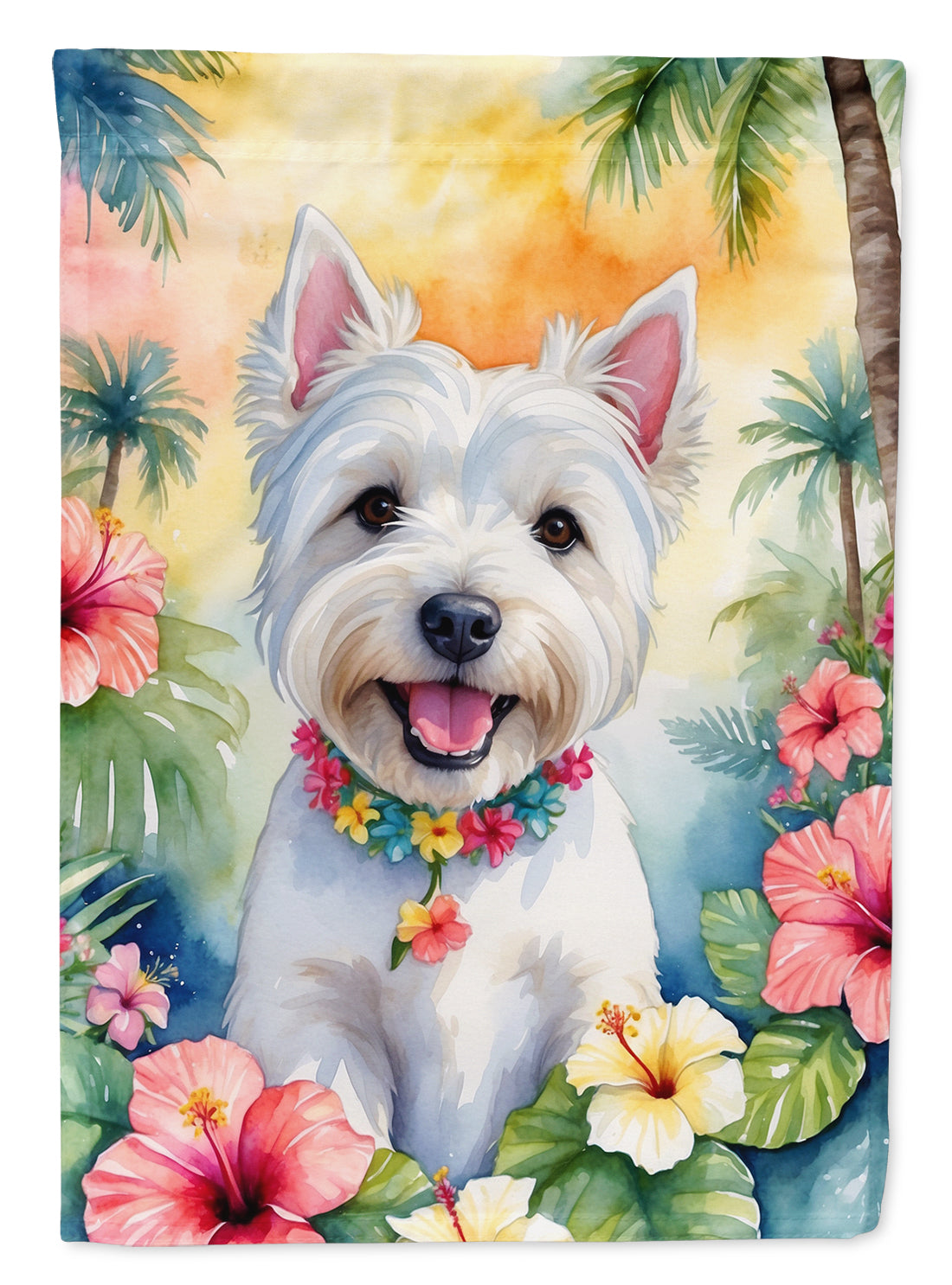 Westie Luau House Flag 28x40 Porch Sleeve Pole Decorative Outside Yard Banner Artwork Wall Hanging, Polyester