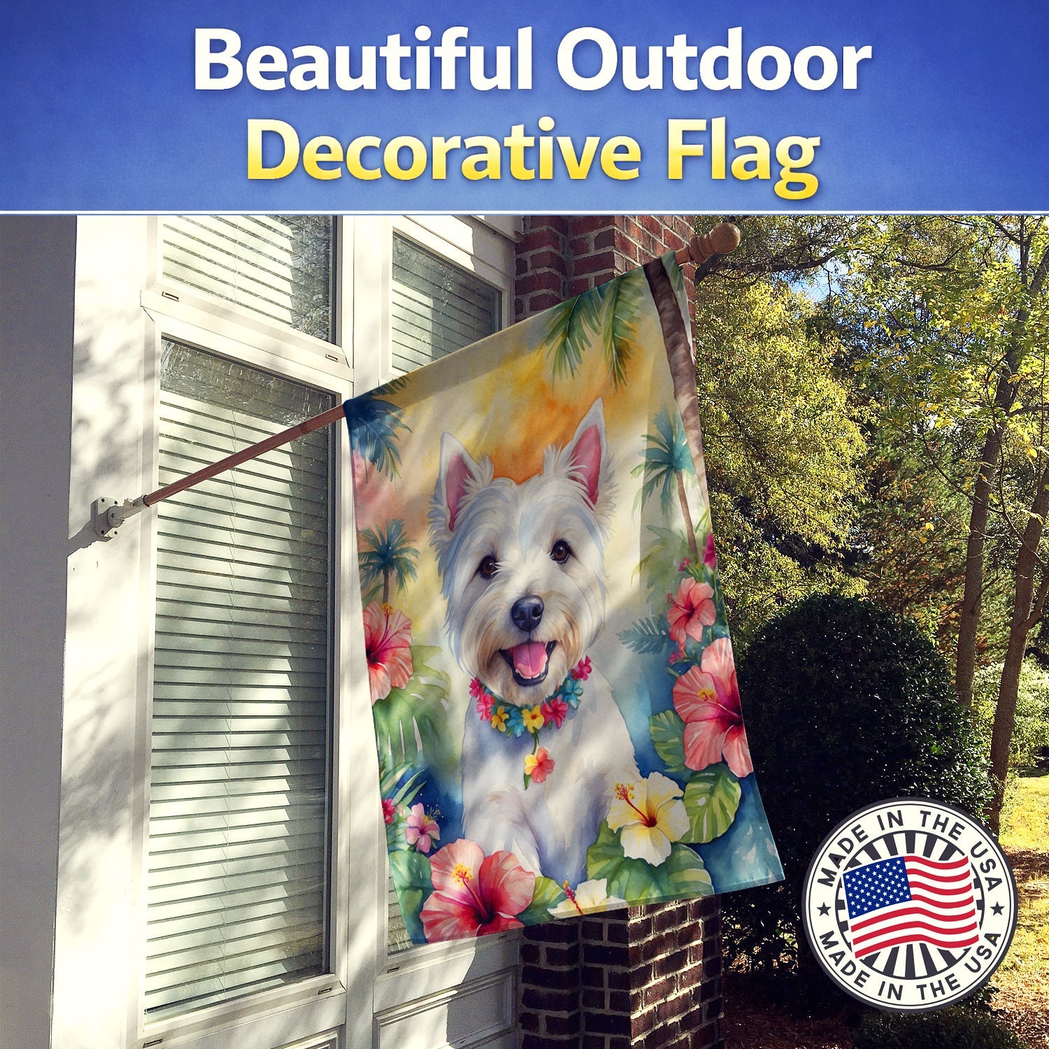 Westie Luau House Flag 28x40 Porch Sleeve Pole Decorative Outside Yard Banner Artwork Wall Hanging, Polyester