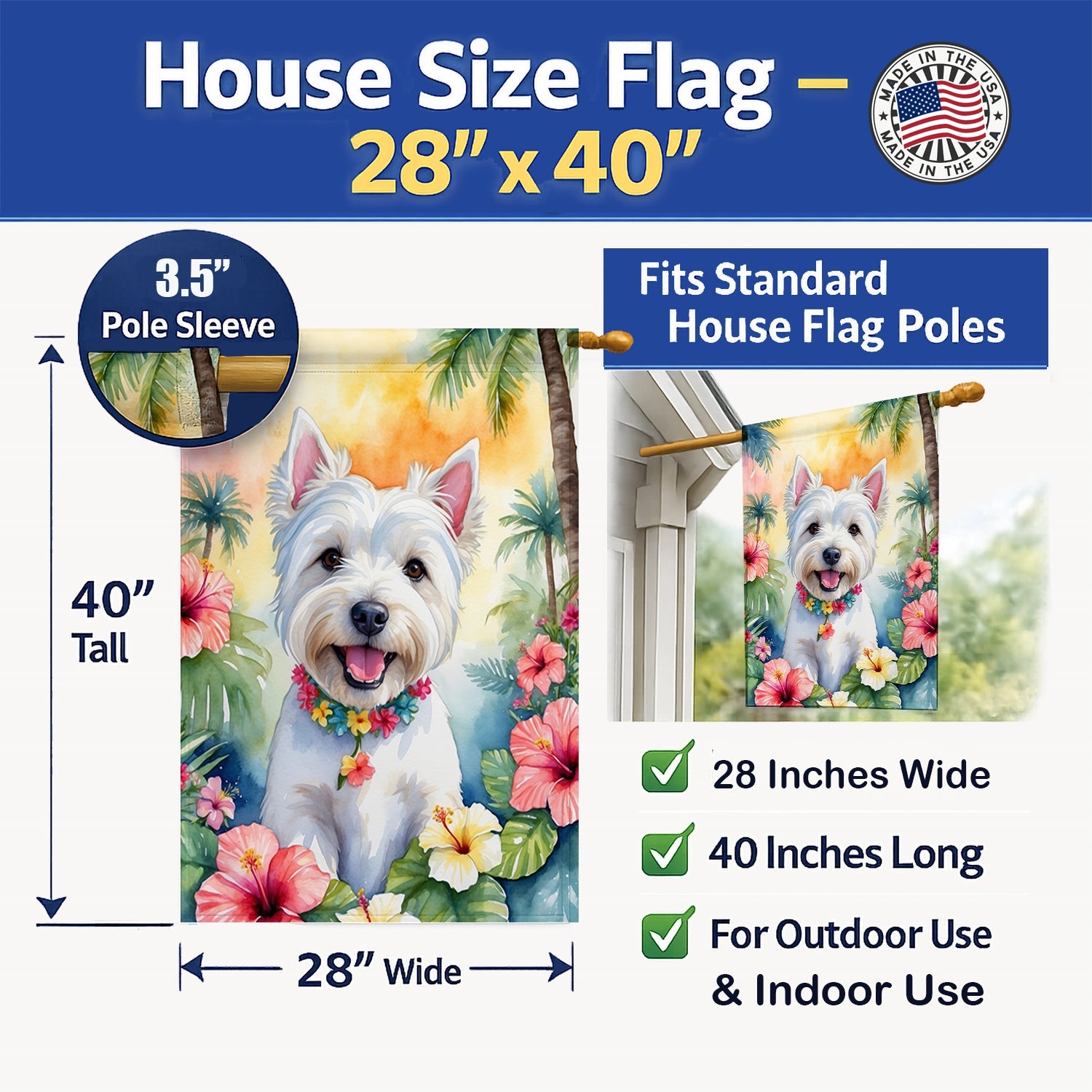 Westie Luau House Flag 28x40 Porch Sleeve Pole Decorative Outside Yard Banner Artwork Wall Hanging, Polyester