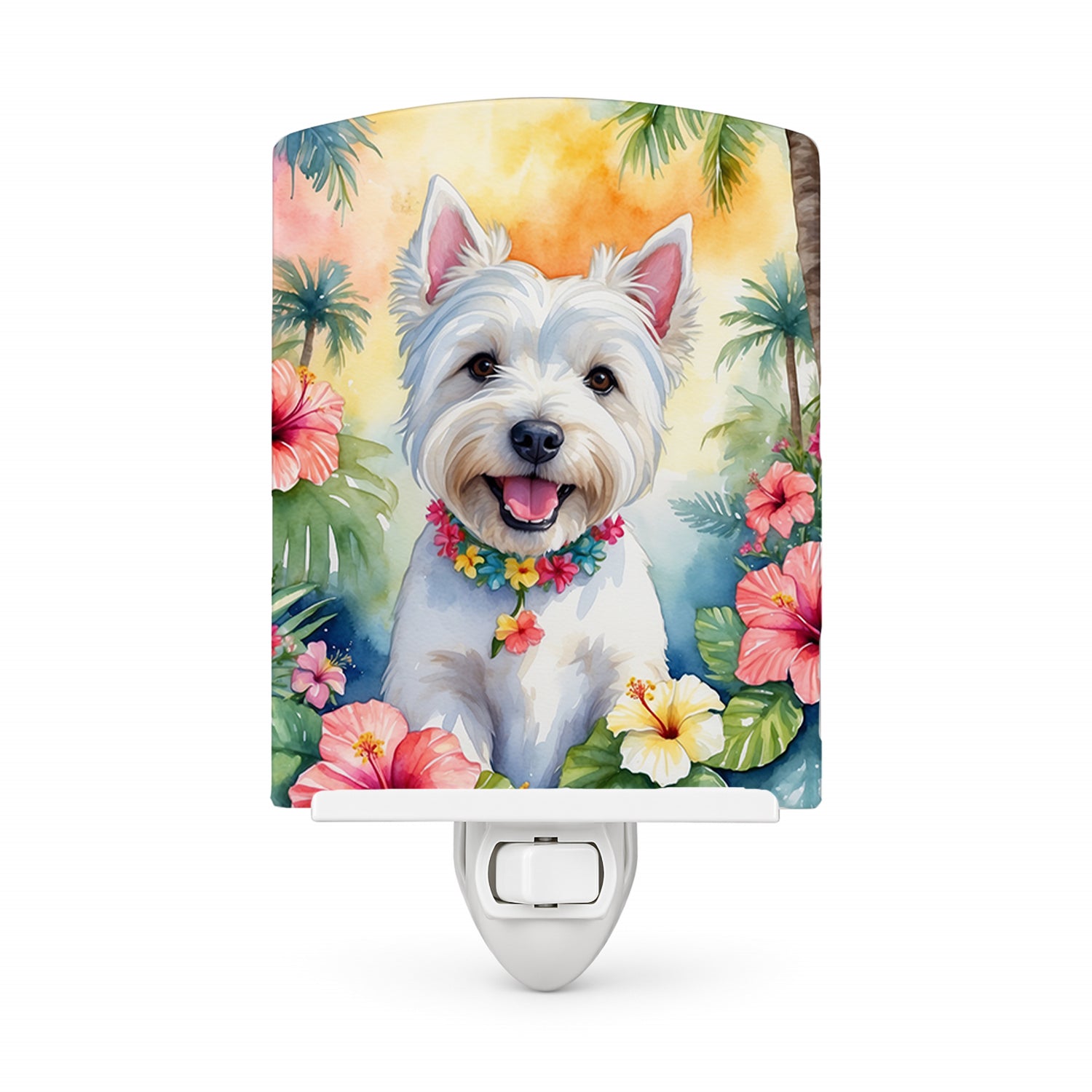 Westie Luau Ceramic Night Light Compact, UL-Certified, Ideal for Bedroom, Bathroom, Nursery, Hallway, Kitchen, 6x4x3, Multicolor
