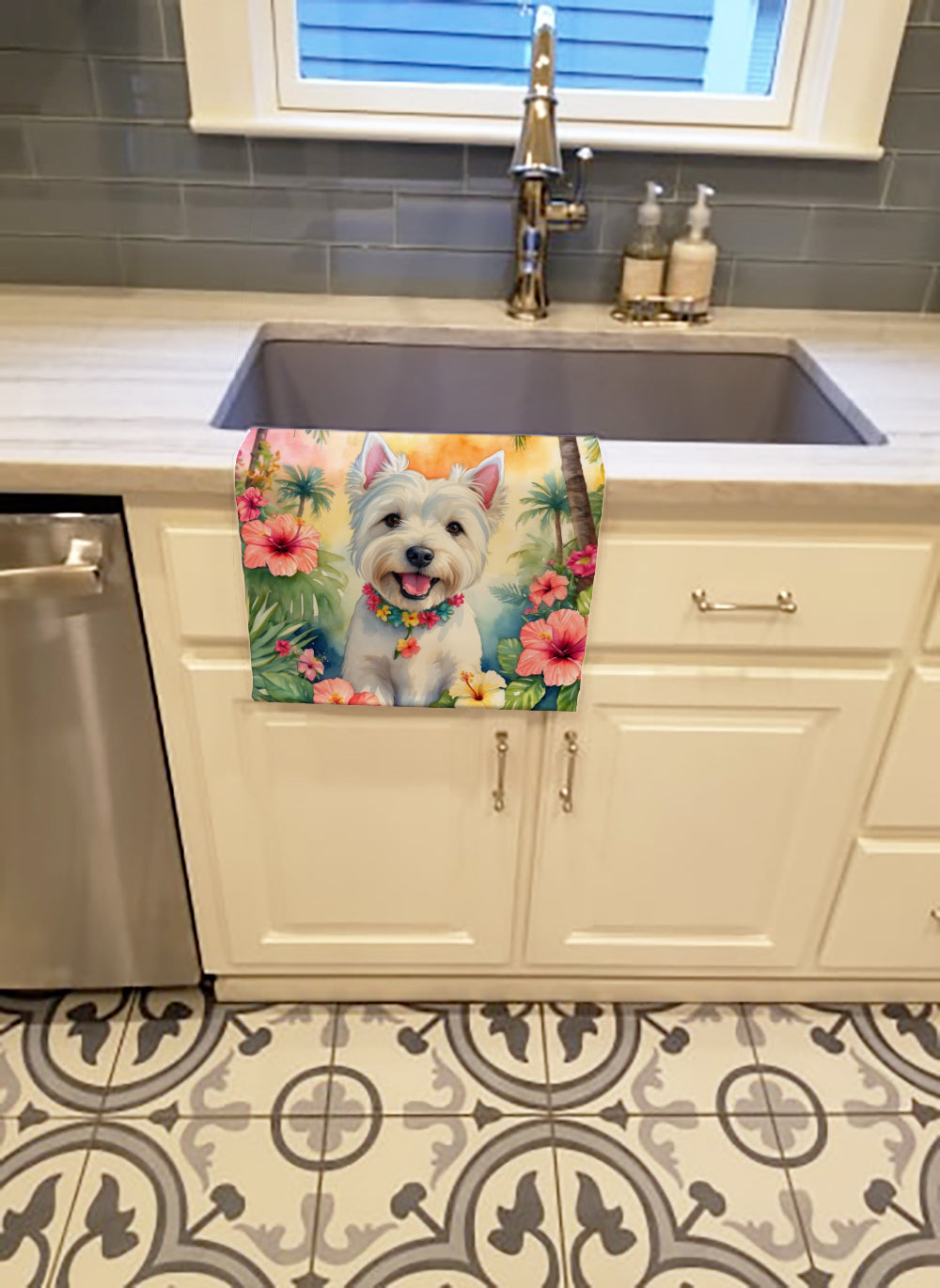 Westie Luau Kitchen Towel Velour Plush Front and Cotton Loop Back Machine Washable