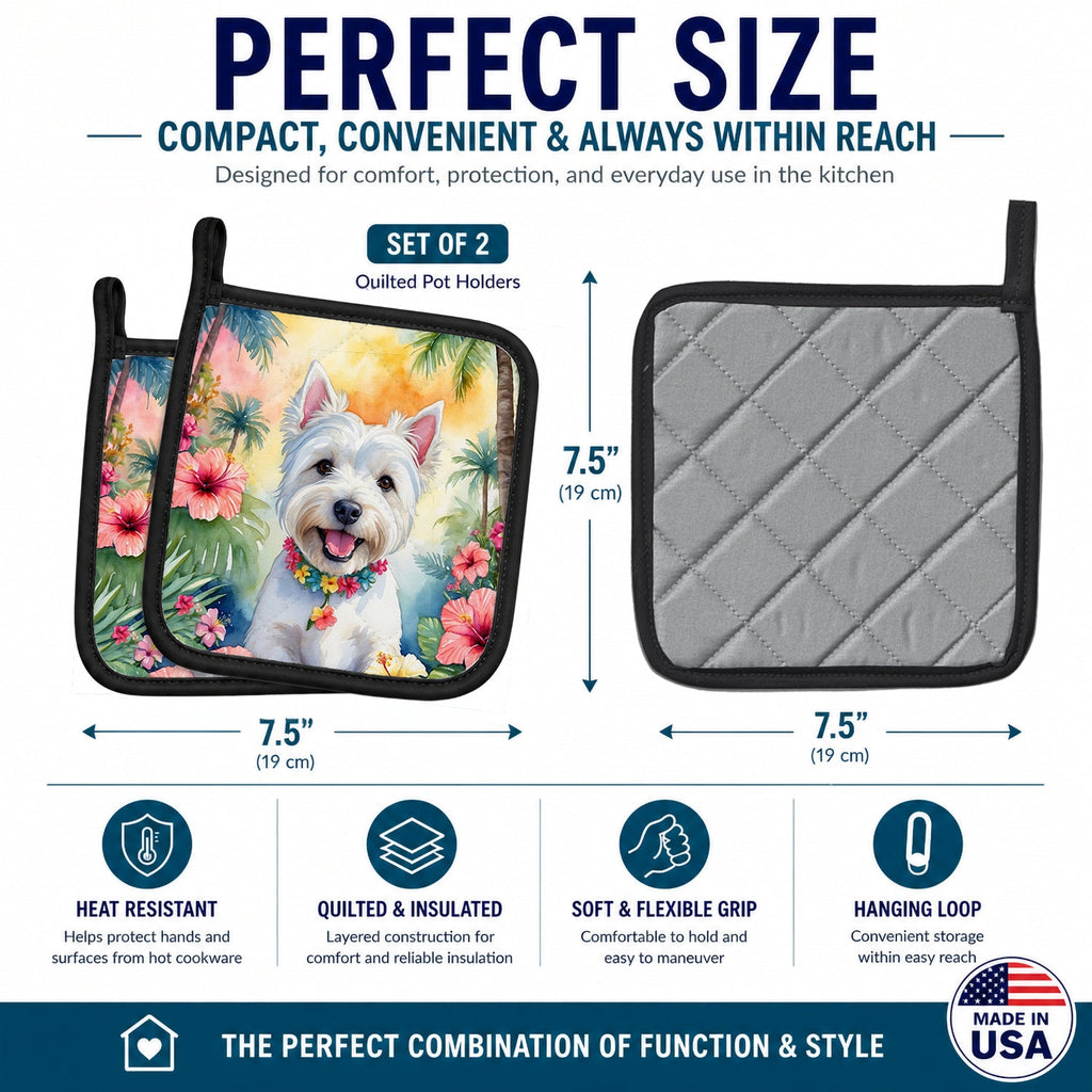 Westie Luau Pot Holder Set of 2 Heat Resistant Quilted Hot Pads 7.5 x 7.5 Inch, Insulated Kitchen Trivets for Cooking & Baking