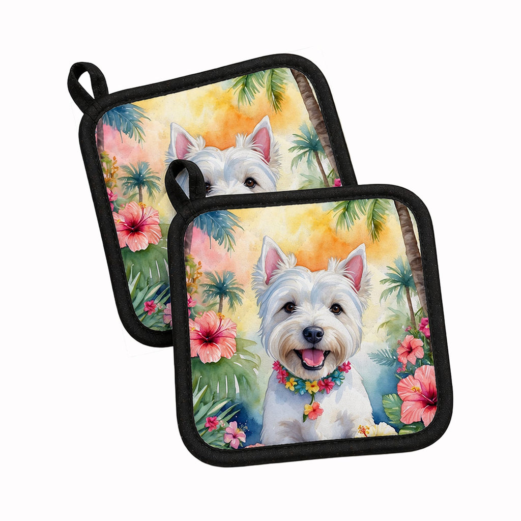 Westie Luau Pot Holder Set of 2 Heat Resistant Quilted Hot Pads 7.5 x 7.5 Inch, Insulated Kitchen Trivets for Cooking & Baking