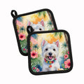 Westie Luau Pot Holder Set of 2 Heat Resistant Quilted Hot Pads 7.5 x 7.5 Inch, Insulated Kitchen Trivets for Cooking & Baking