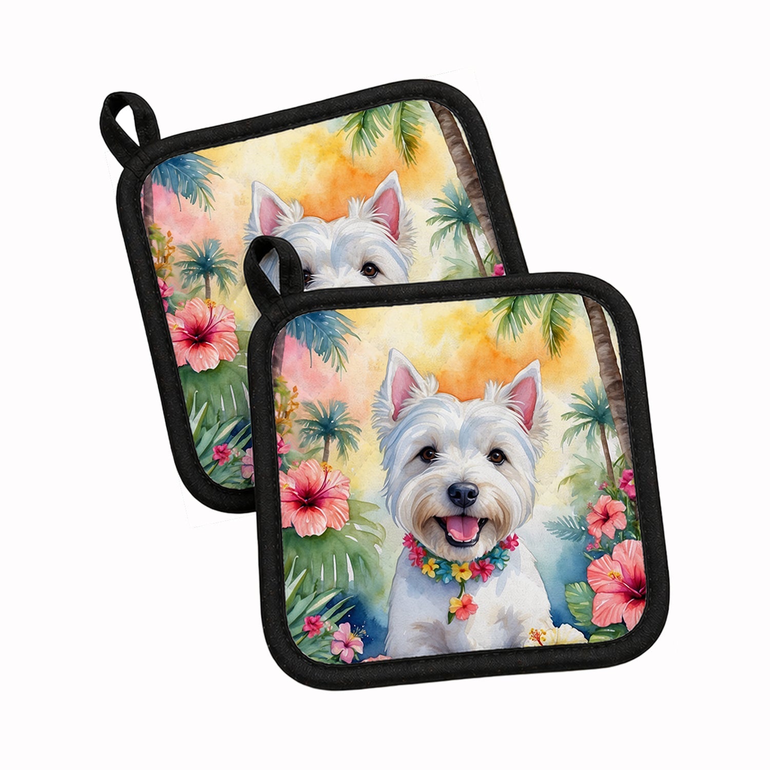 Westie Luau Pot Holder Set of 2 Heat Resistant Quilted Hot Pads 7.5 x 7.5 Inch, Insulated Kitchen Trivets for Cooking & Baking