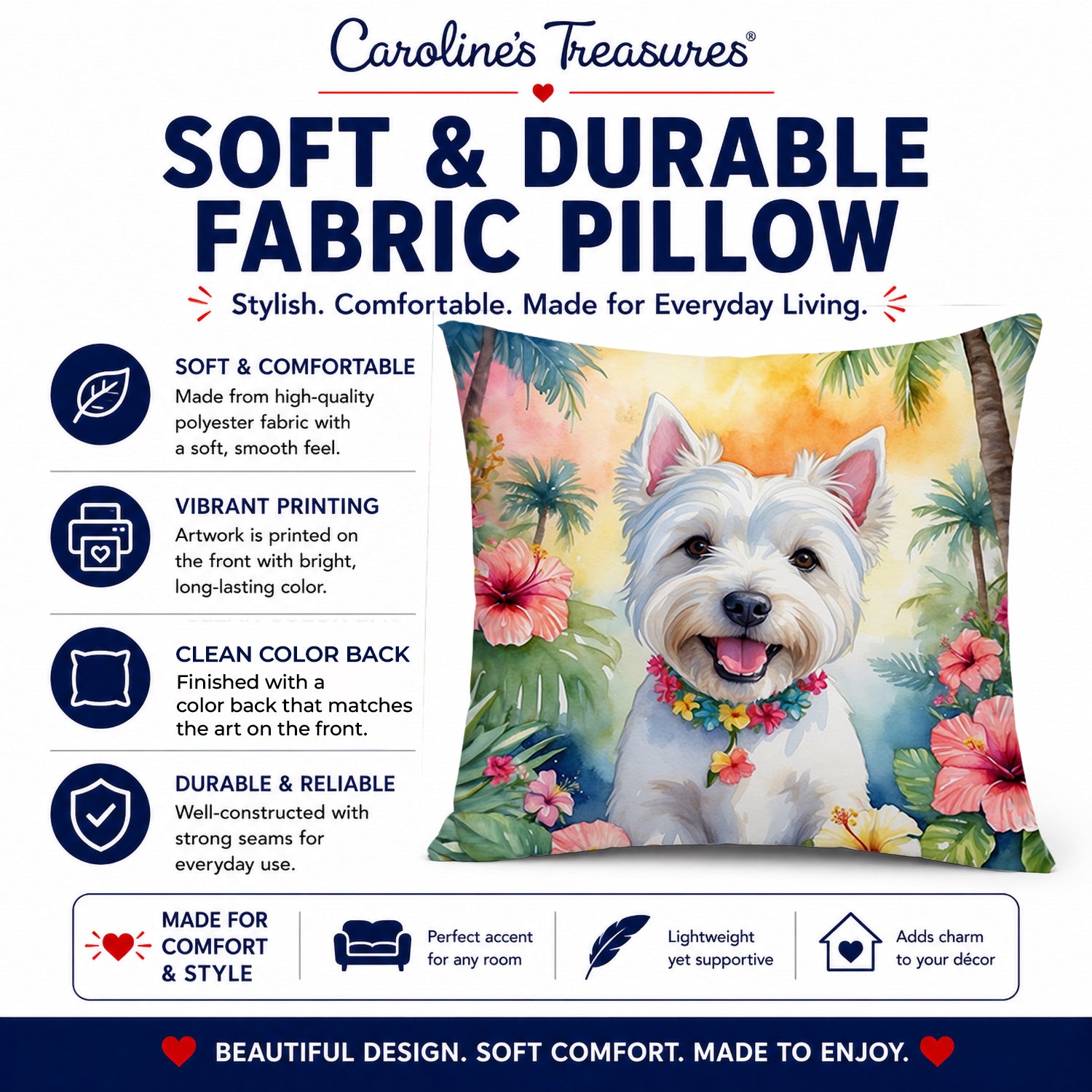 Westie Luau Decorative Throw Pillow 14x14 Indoor Outdoor Accent Cushion, Fabric Cover with Insert for Sofa, Bed, Porch & Living Room
