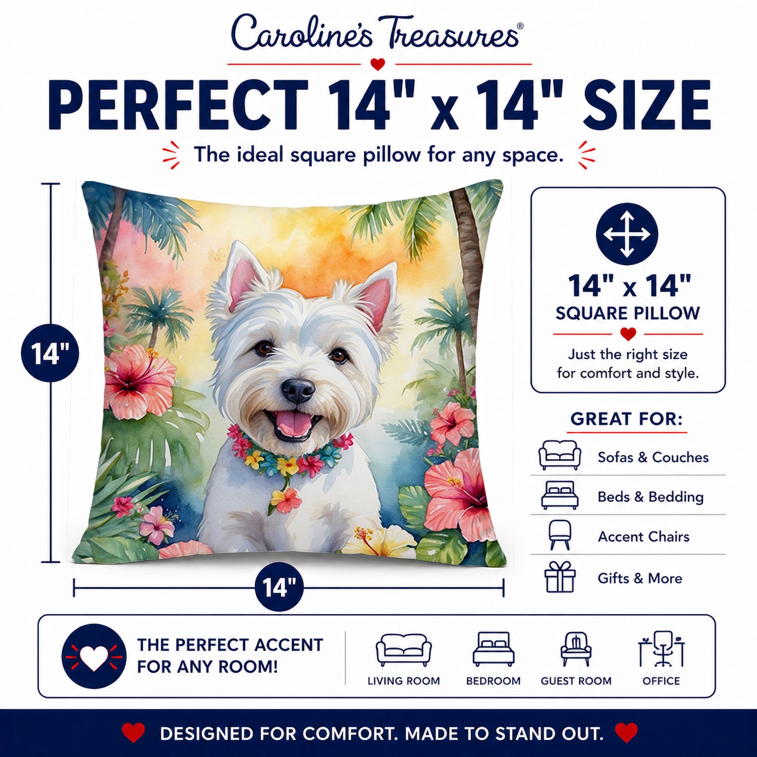 Westie Luau Decorative Throw Pillow 14x14 Indoor Outdoor Accent Cushion, Fabric Cover with Insert for Sofa, Bed, Porch & Living Room