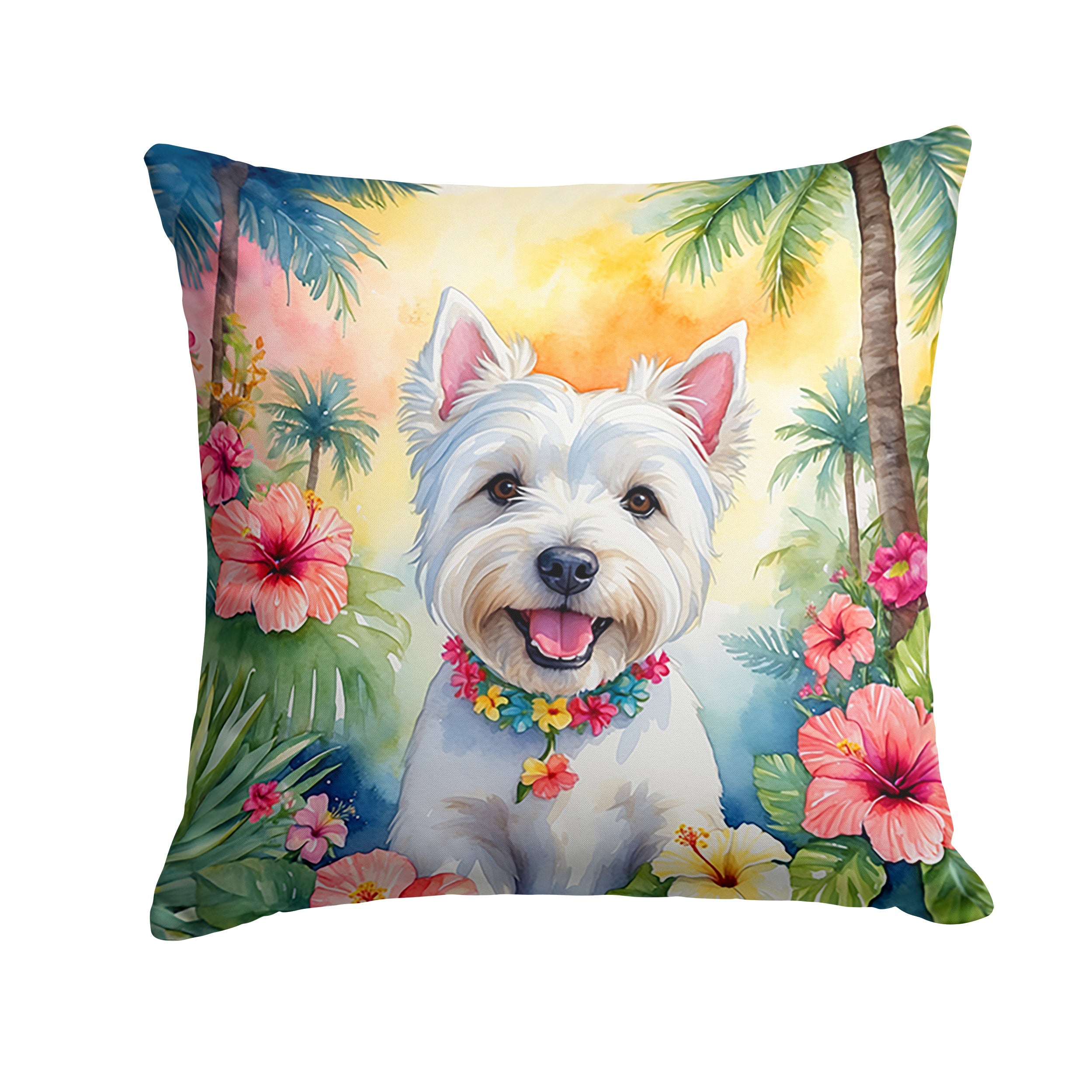 Westie Luau Decorative Throw Pillow 18x18 Indoor Outdoor Accent Cushion, Fabric Cover with Insert for Sofa, Bed, Porch & Living Room