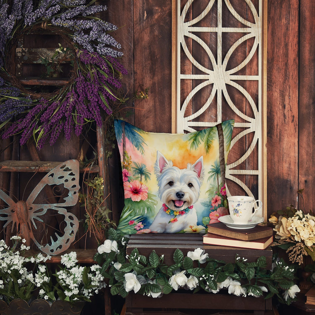 Westie Luau Decorative Throw Pillow 18x18 Indoor Outdoor Accent Cushion, Fabric Cover with Insert for Sofa, Bed, Porch & Living Room