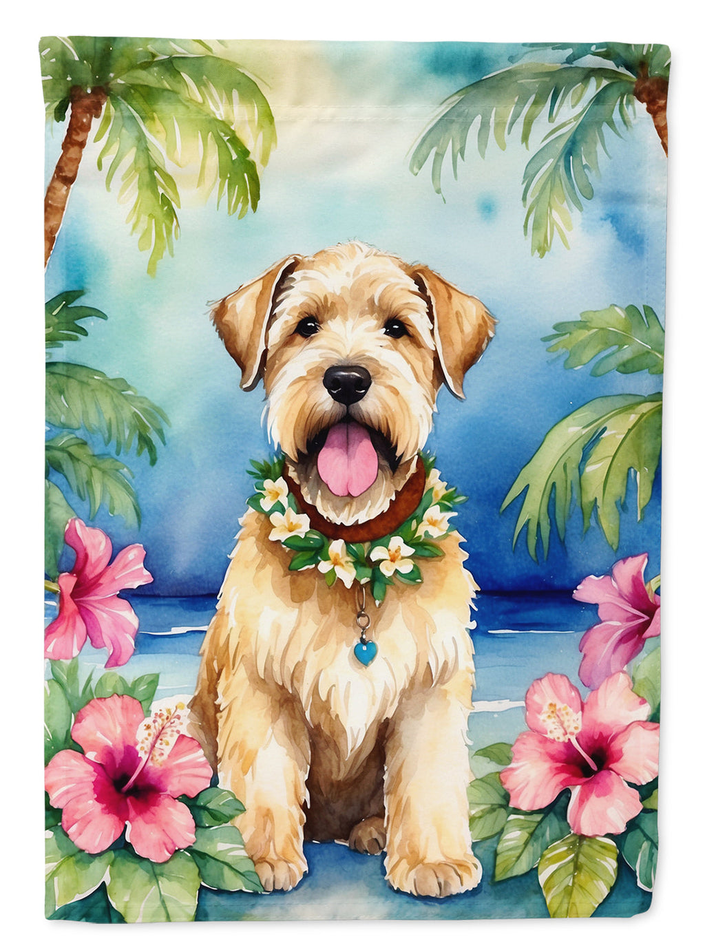 Wheaten Terrier Luau House Flag 28x40 Porch Sleeve Pole Decorative Outside Yard Banner Artwork Wall Hanging, Polyester