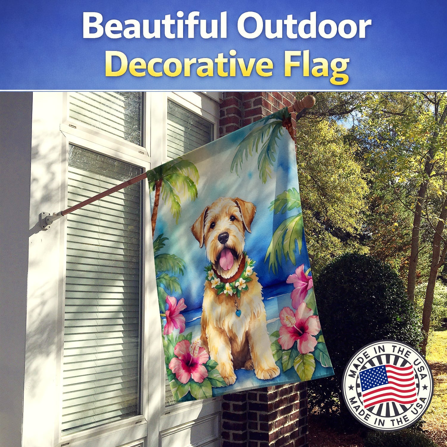 Wheaten Terrier Luau House Flag 28x40 Porch Sleeve Pole Decorative Outside Yard Banner Artwork Wall Hanging, Polyester