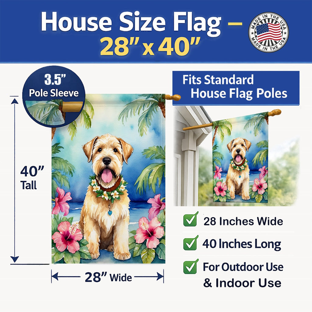 Wheaten Terrier Luau House Flag 28x40 Porch Sleeve Pole Decorative Outside Yard Banner Artwork Wall Hanging, Polyester