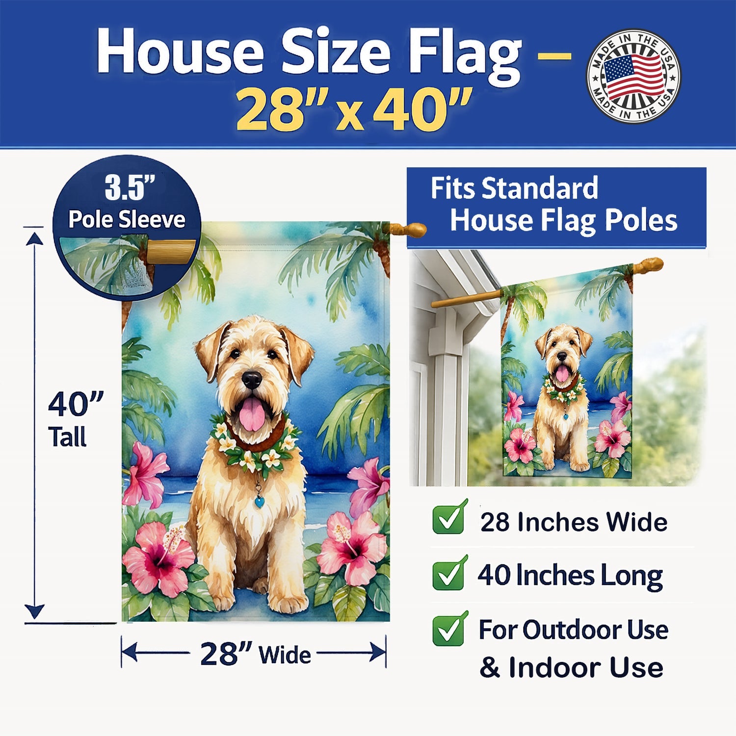 Wheaten Terrier Luau House Flag 28x40 Porch Sleeve Pole Decorative Outside Yard Banner Artwork Wall Hanging, Polyester