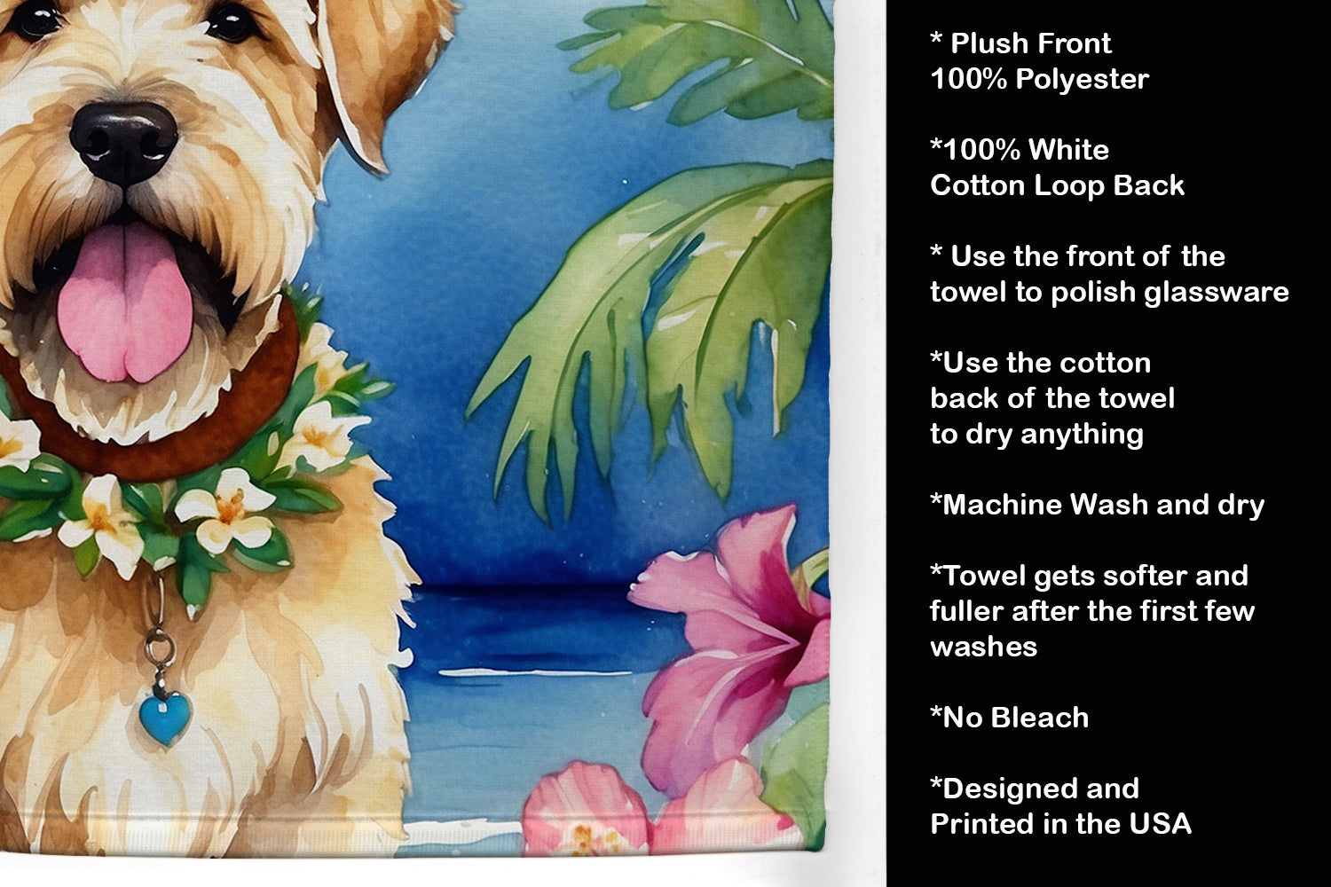 Wheaten Terrier Luau Kitchen Towel Velour Plush Front and Cotton Loop Back Machine Washable