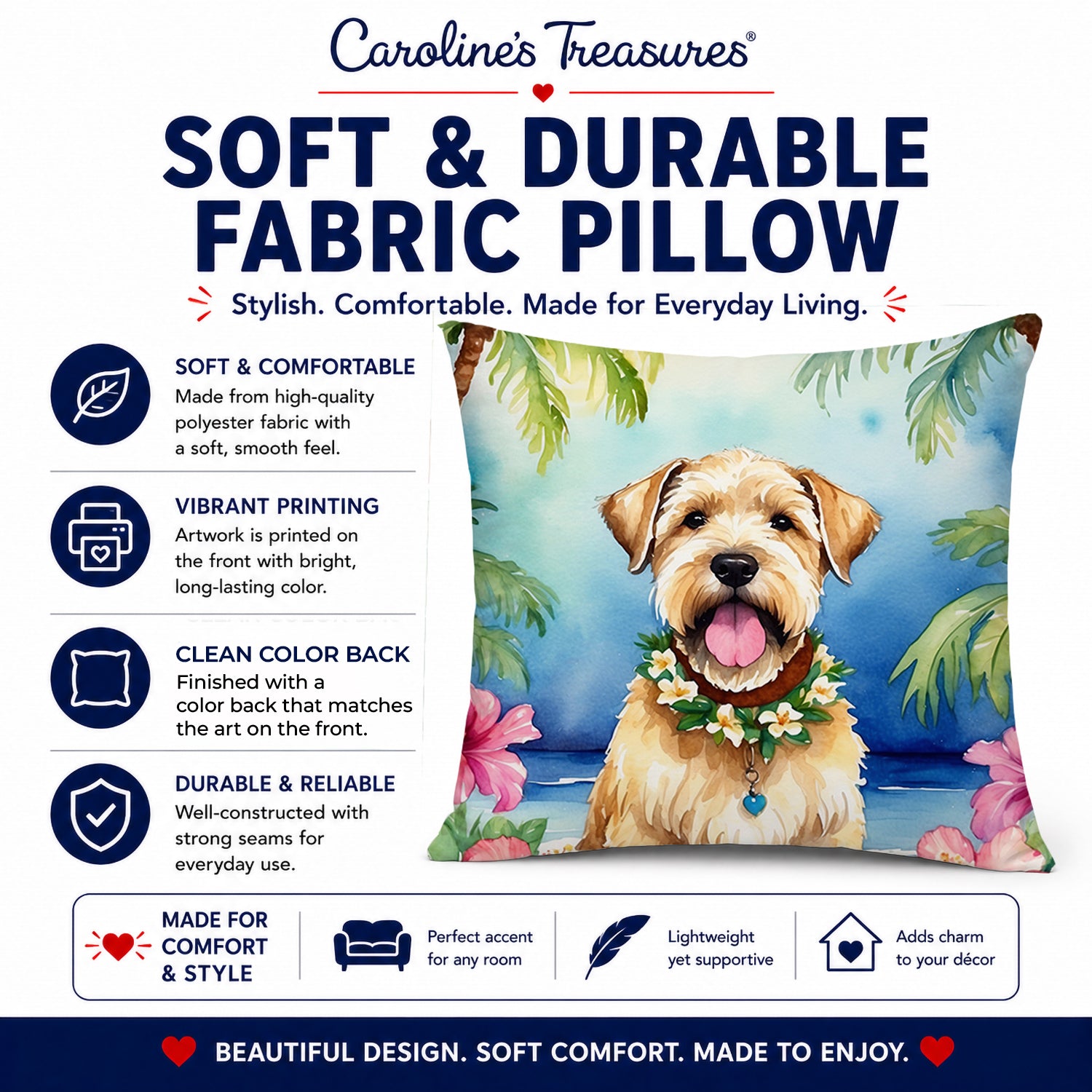 Wheaten Terrier Luau Decorative Throw Pillow 14x14 Indoor Outdoor Accent Cushion, Fabric Cover with Insert for Sofa, Bed, Porch & Living Room