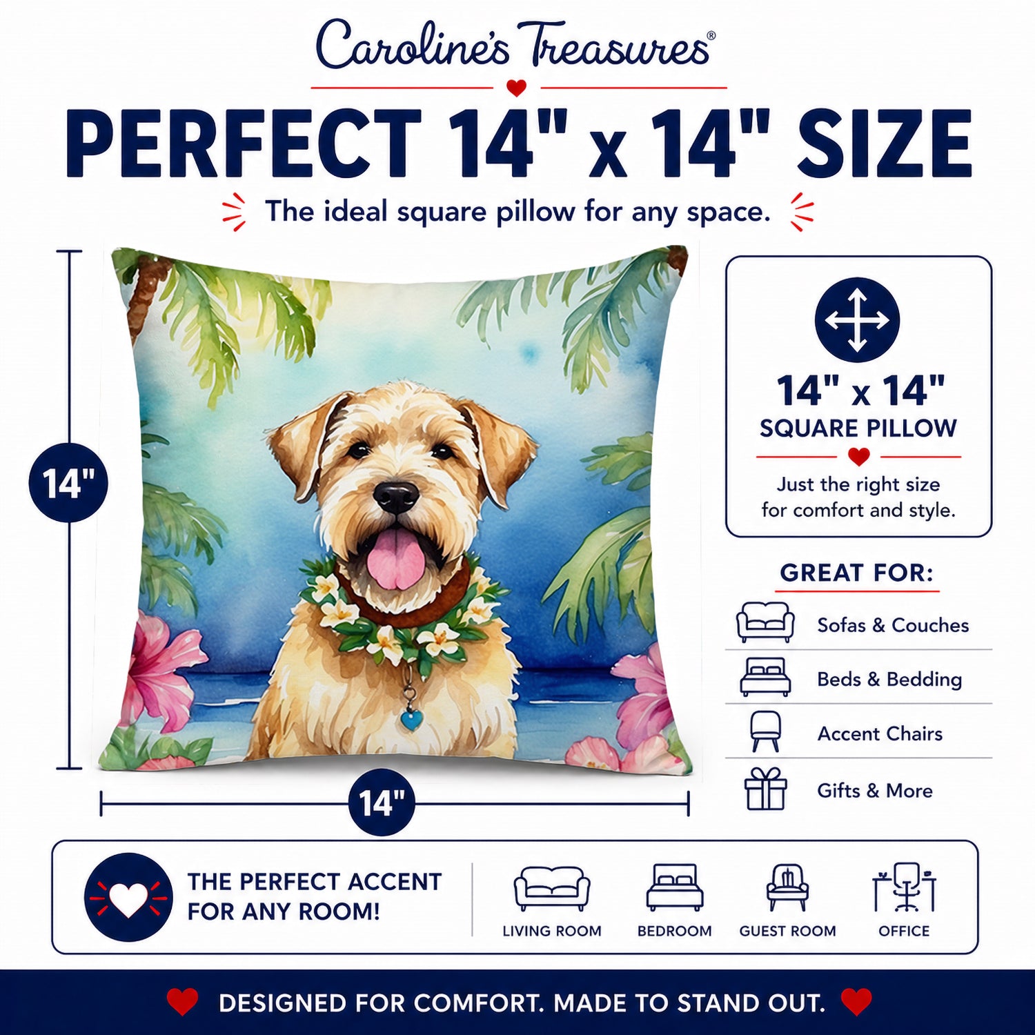 Wheaten Terrier Luau Decorative Throw Pillow 14x14 Indoor Outdoor Accent Cushion, Fabric Cover with Insert for Sofa, Bed, Porch & Living Room
