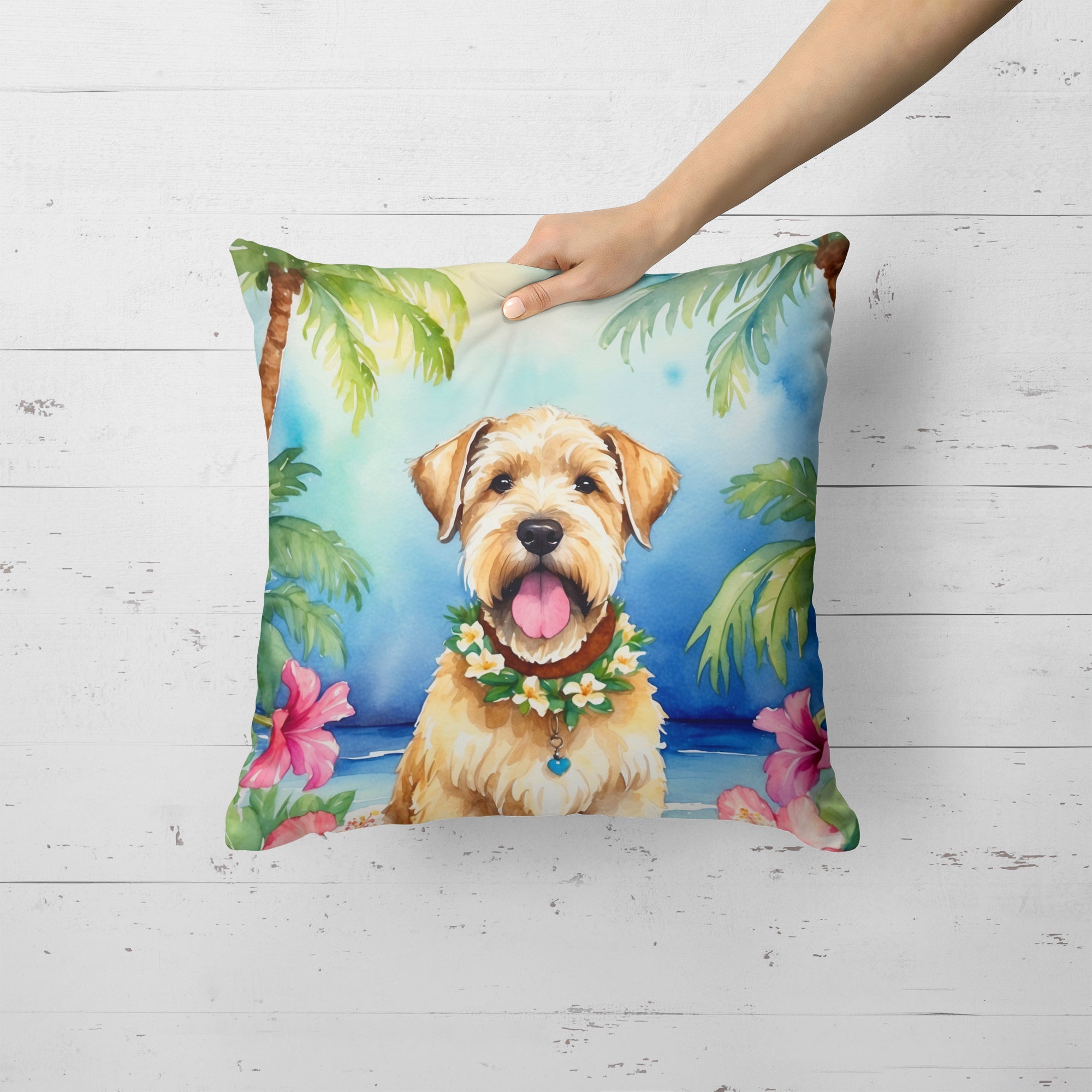 Wheaten Terrier Luau Decorative Throw Pillow 18x18 Indoor Outdoor Accent Cushion, Fabric Cover with Insert for Sofa, Bed, Porch & Living Room