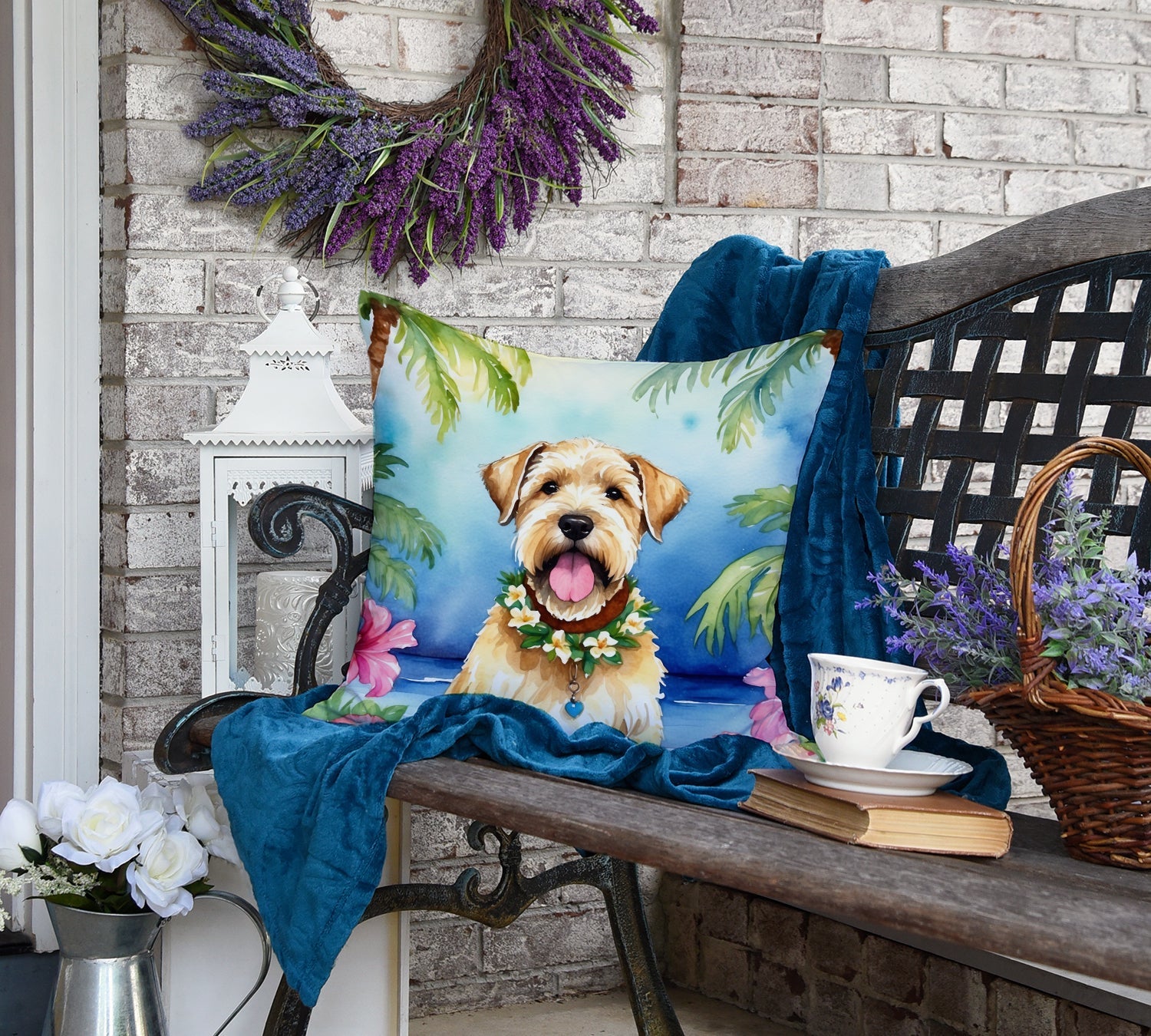 Wheaten Terrier Luau Decorative Throw Pillow 18x18 Indoor Outdoor Accent Cushion, Fabric Cover with Insert for Sofa, Bed, Porch & Living Room