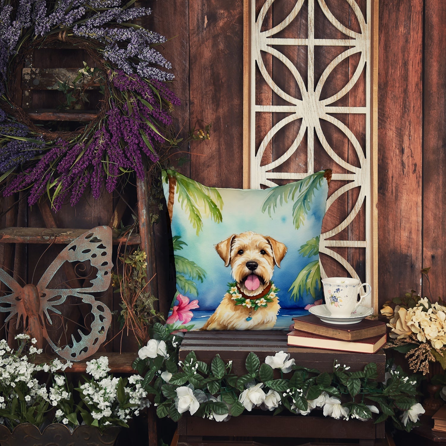Wheaten Terrier Luau Decorative Throw Pillow 18x18 Indoor Outdoor Accent Cushion, Fabric Cover with Insert for Sofa, Bed, Porch & Living Room