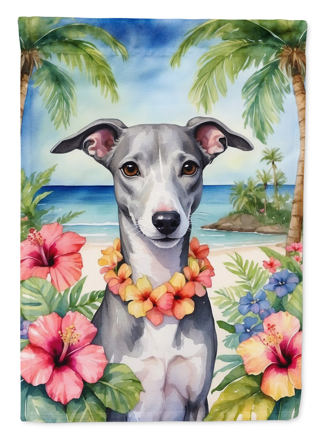 Whippet Luau House Flag 28x40 Porch Sleeve Pole Decorative Outside Yard Banner Artwork Wall Hanging, Polyester
