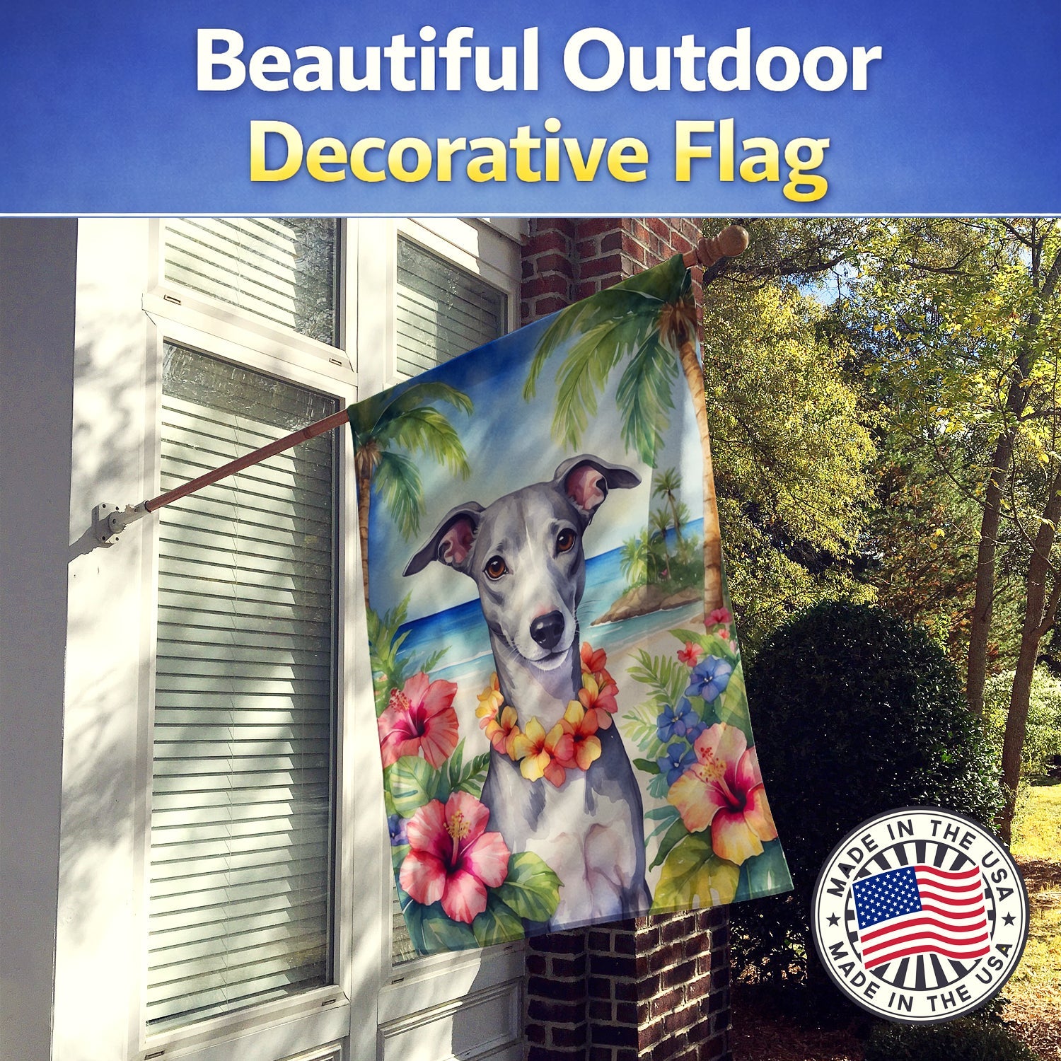 Whippet Luau House Flag 28x40 Porch Sleeve Pole Decorative Outside Yard Banner Artwork Wall Hanging, Polyester