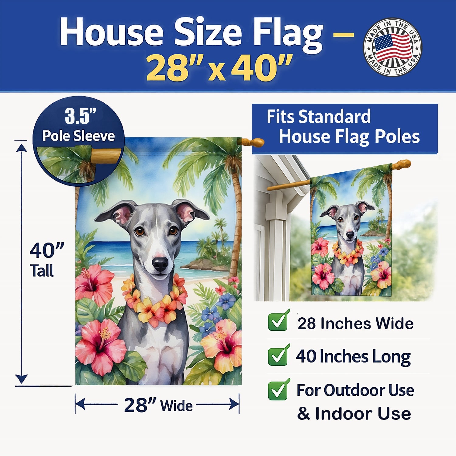 Whippet Luau House Flag 28x40 Porch Sleeve Pole Decorative Outside Yard Banner Artwork Wall Hanging, Polyester